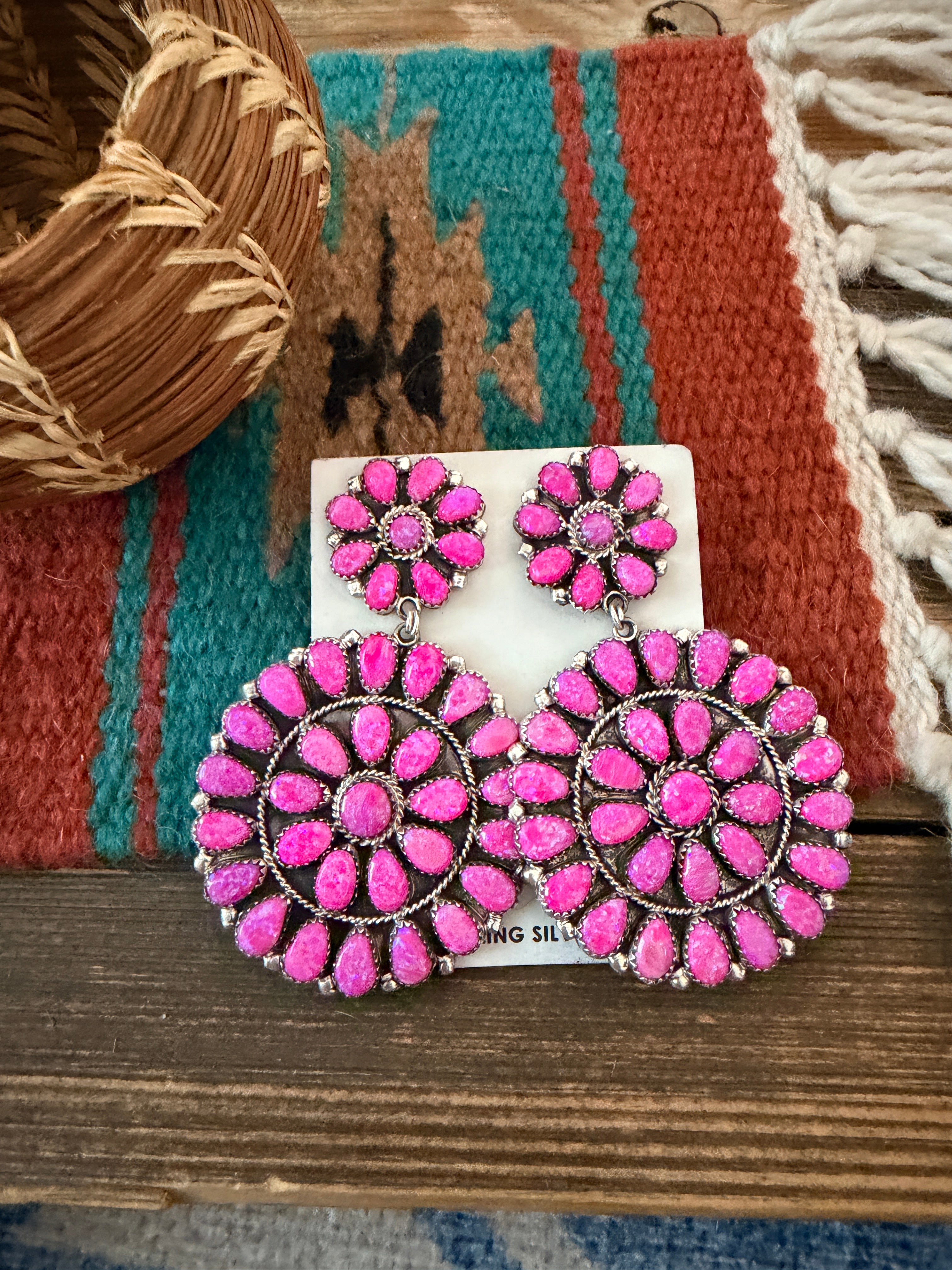 Handcrafted Pink Opal & Sterling Silver Cluster Dangle Earrings by Danny L. Wauneka