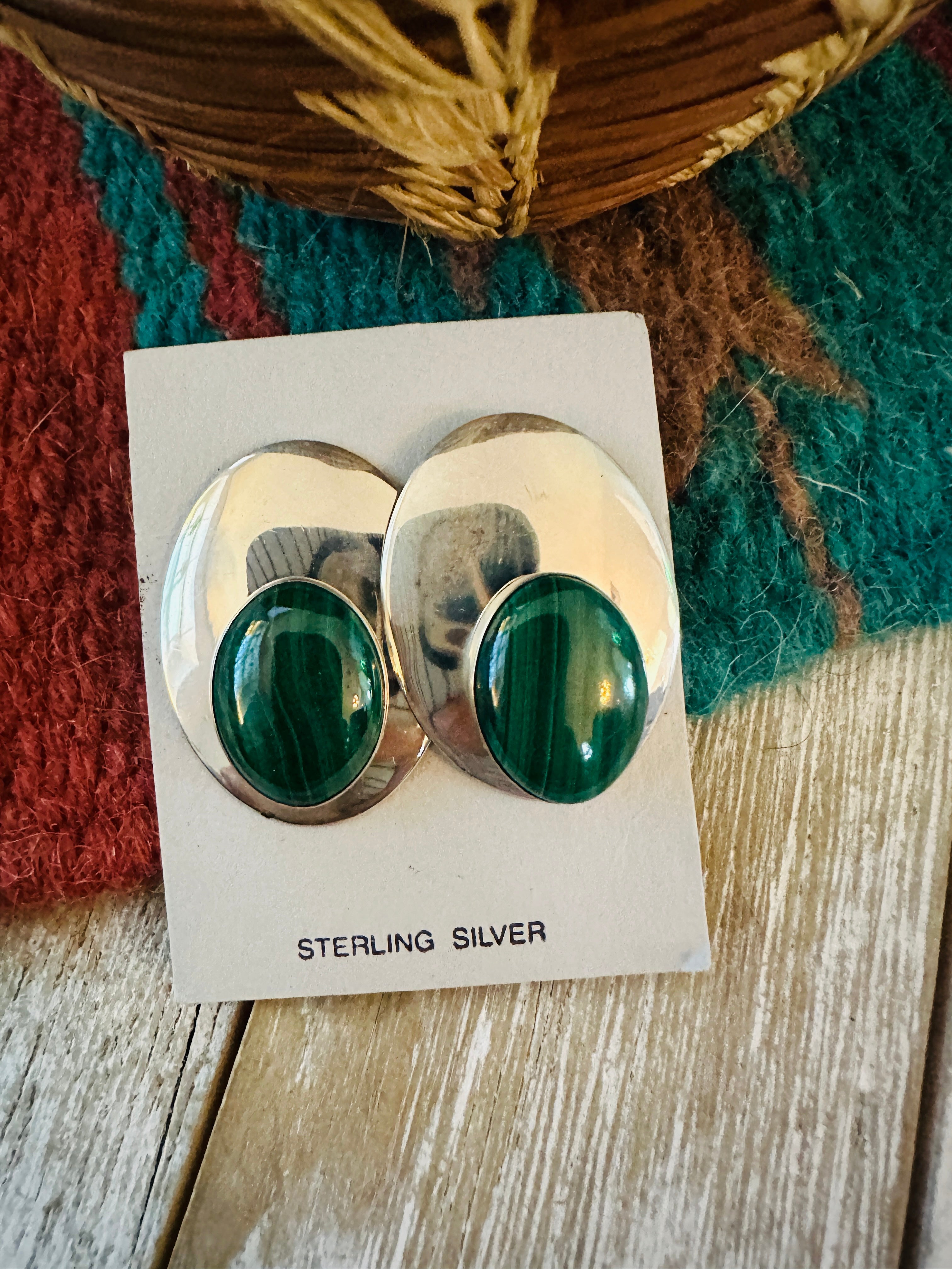 Handcrafted Malachite & Sterling Silver Clip On Earrings