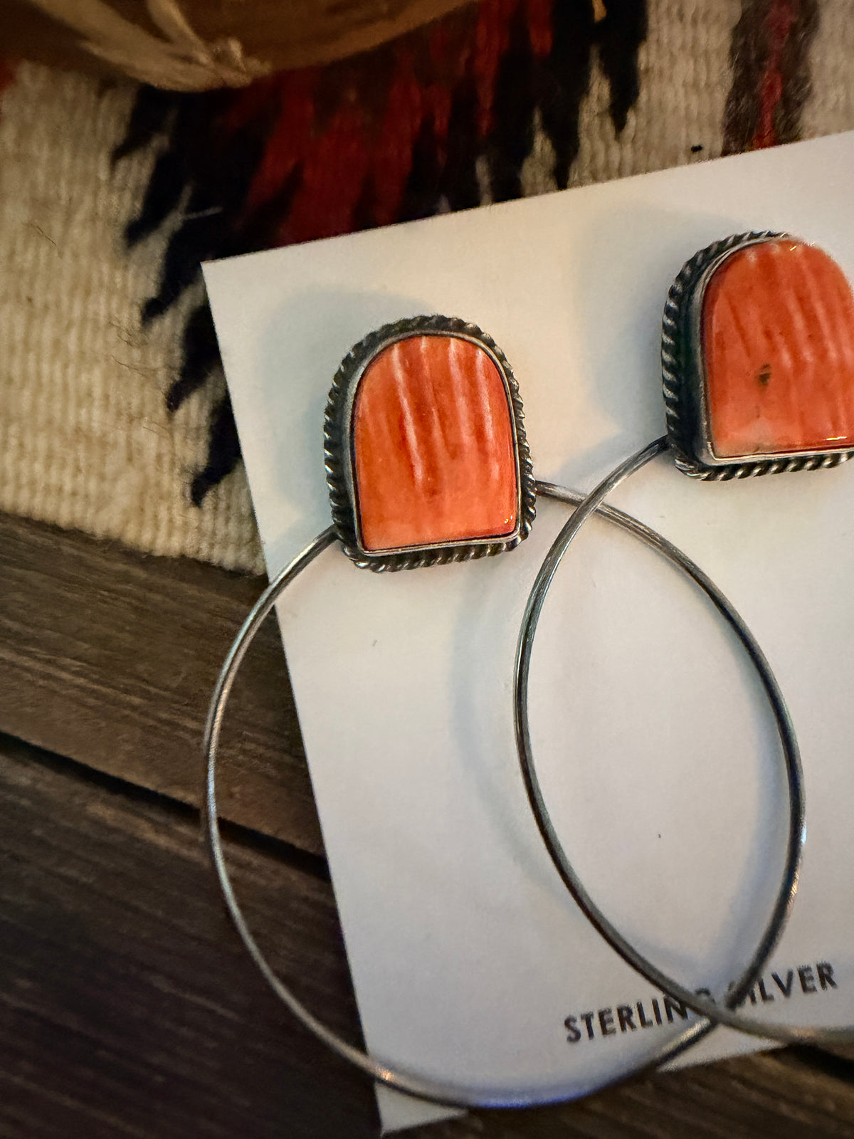 Handcrafted Orange Spiny and Sterling Silver Dangle Hoop Earrings by Elouise Kee