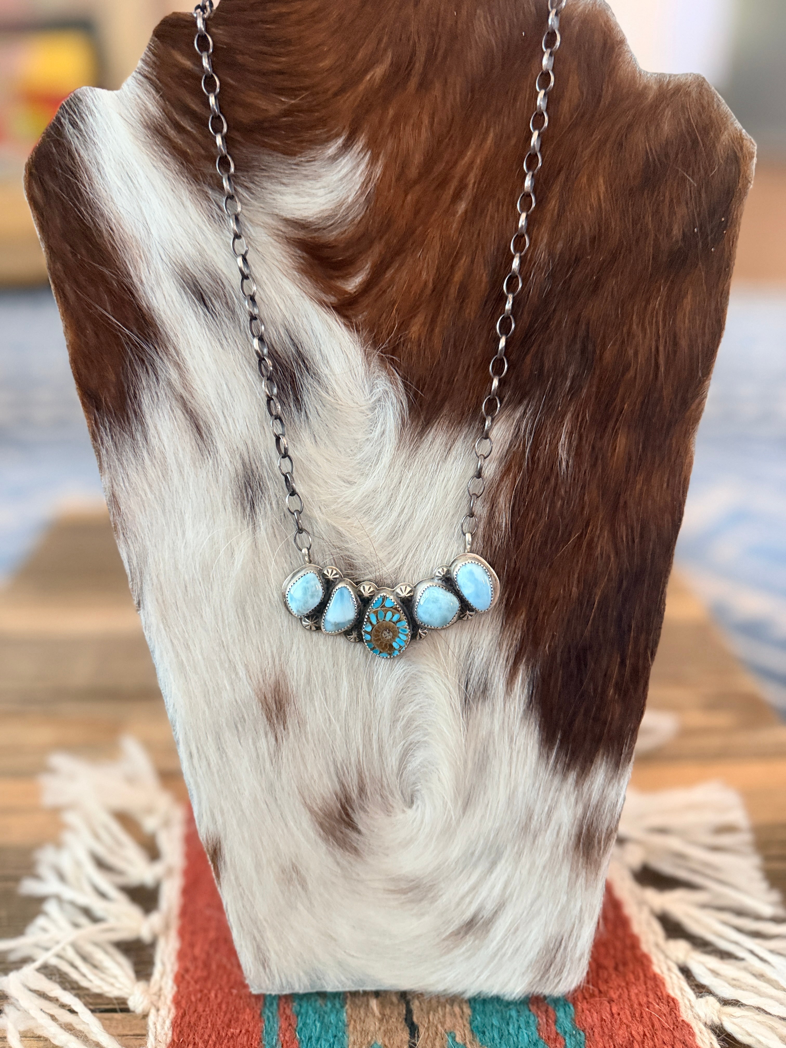 Handmade Sterling Silver, Larimar & Ammonite w/ Shattuckite Inlay Necklace Necklace