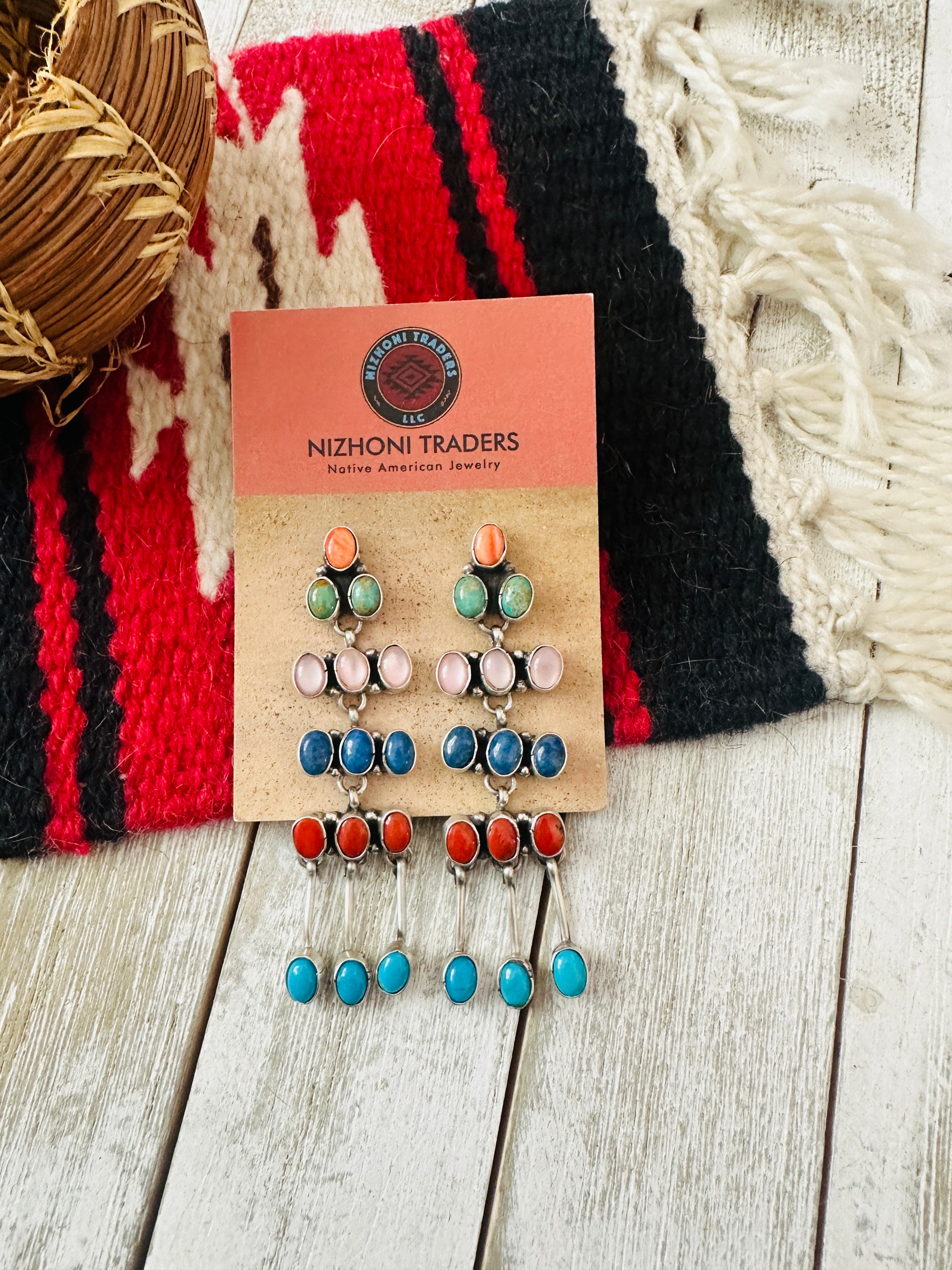Navajo Multi Stone & Sterling Silver Chandelier Dangle Earrings