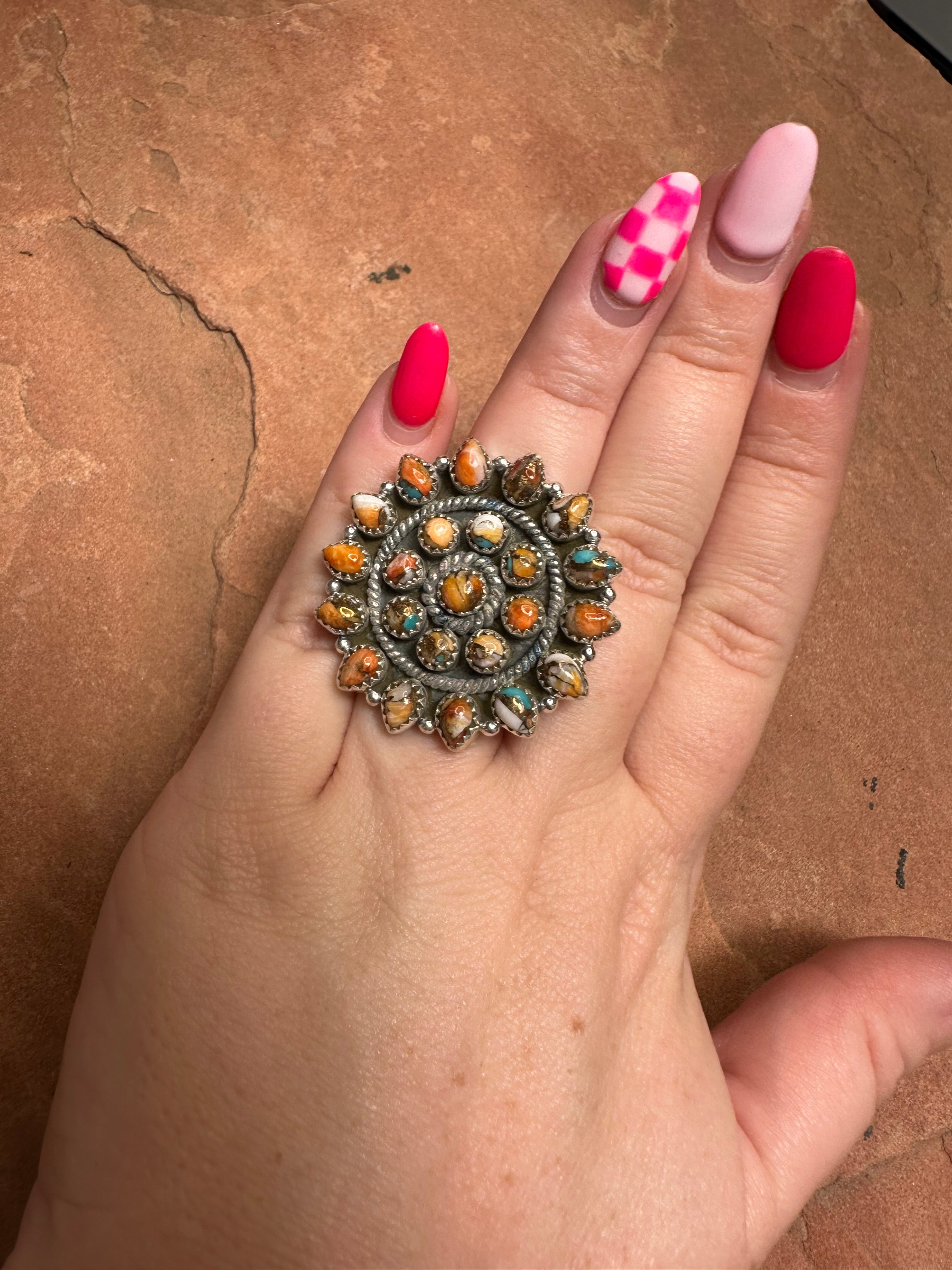 Handmade Spice And Sterling Silver Adjustable Cluster Ring