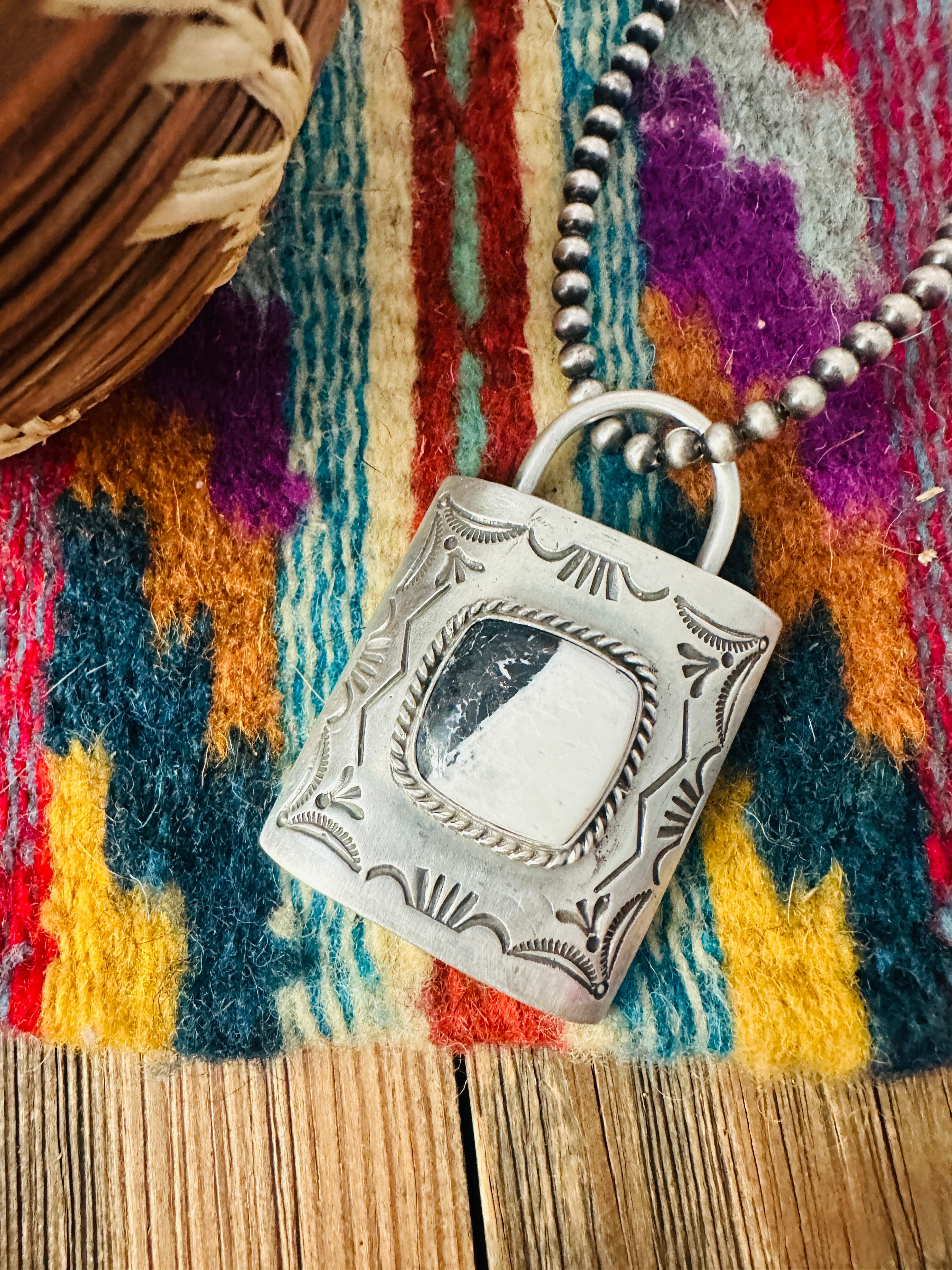 Handcrafted White Buffalo & Sterling Silver Locket Style Pendant by Charles Johnson
