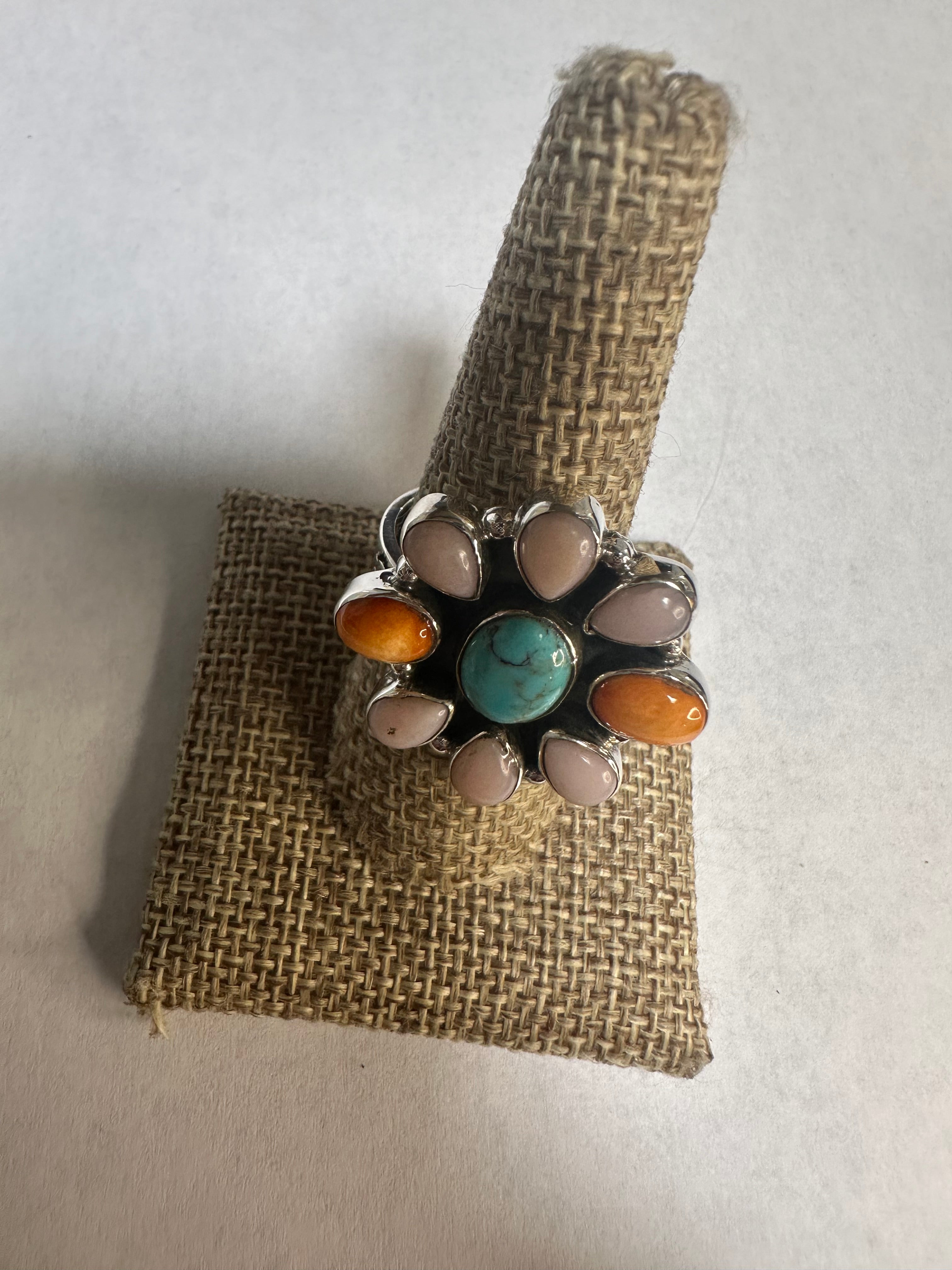 Beautiful Handmade Turquoise, Pink Conch, Orange Spiny And Sterling Silver Adjustable Ring