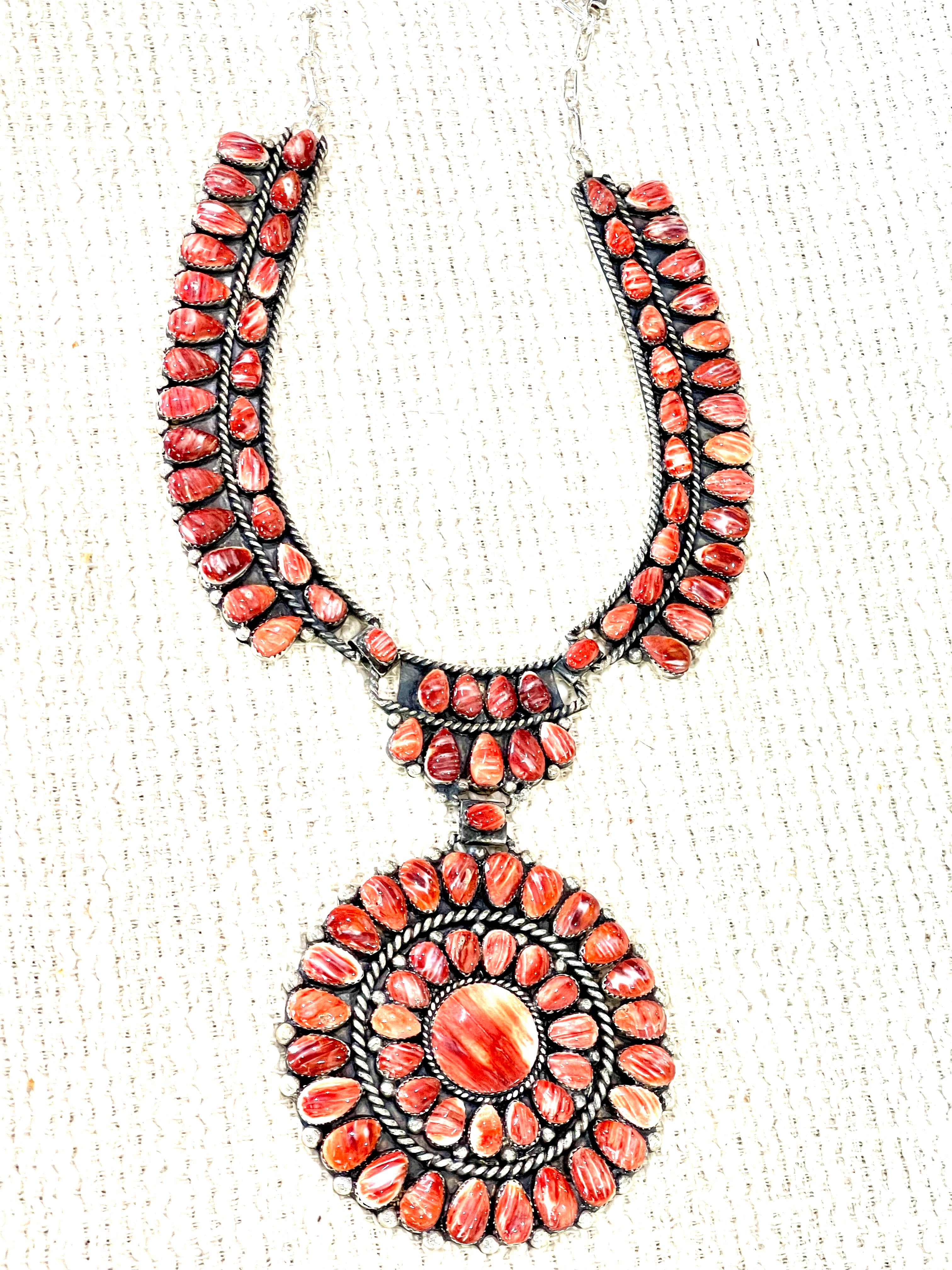 Handmade Sterling Silver & Red Spiny Cluster Necklace