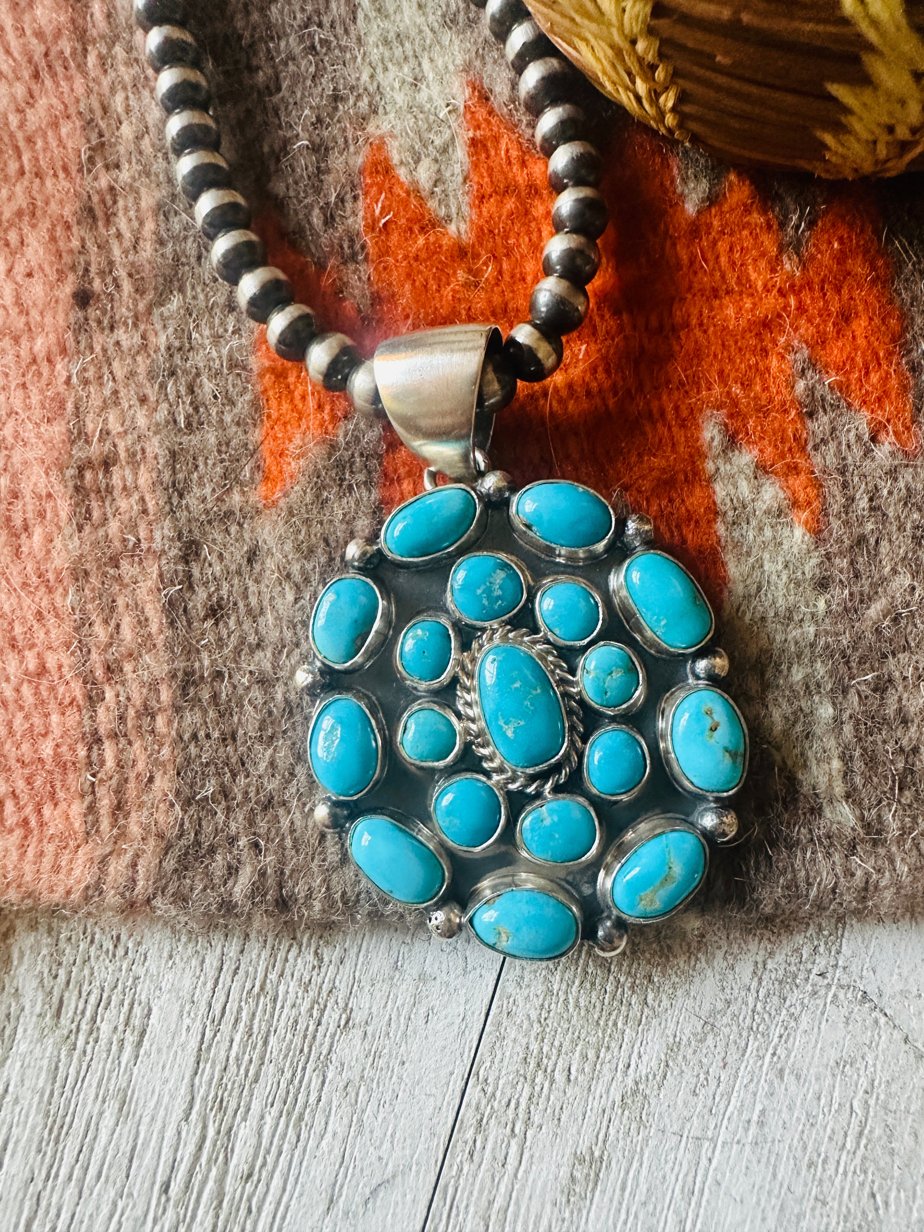 Navajo Sterling Silver & Kingman Turquoise Cluster Pendant