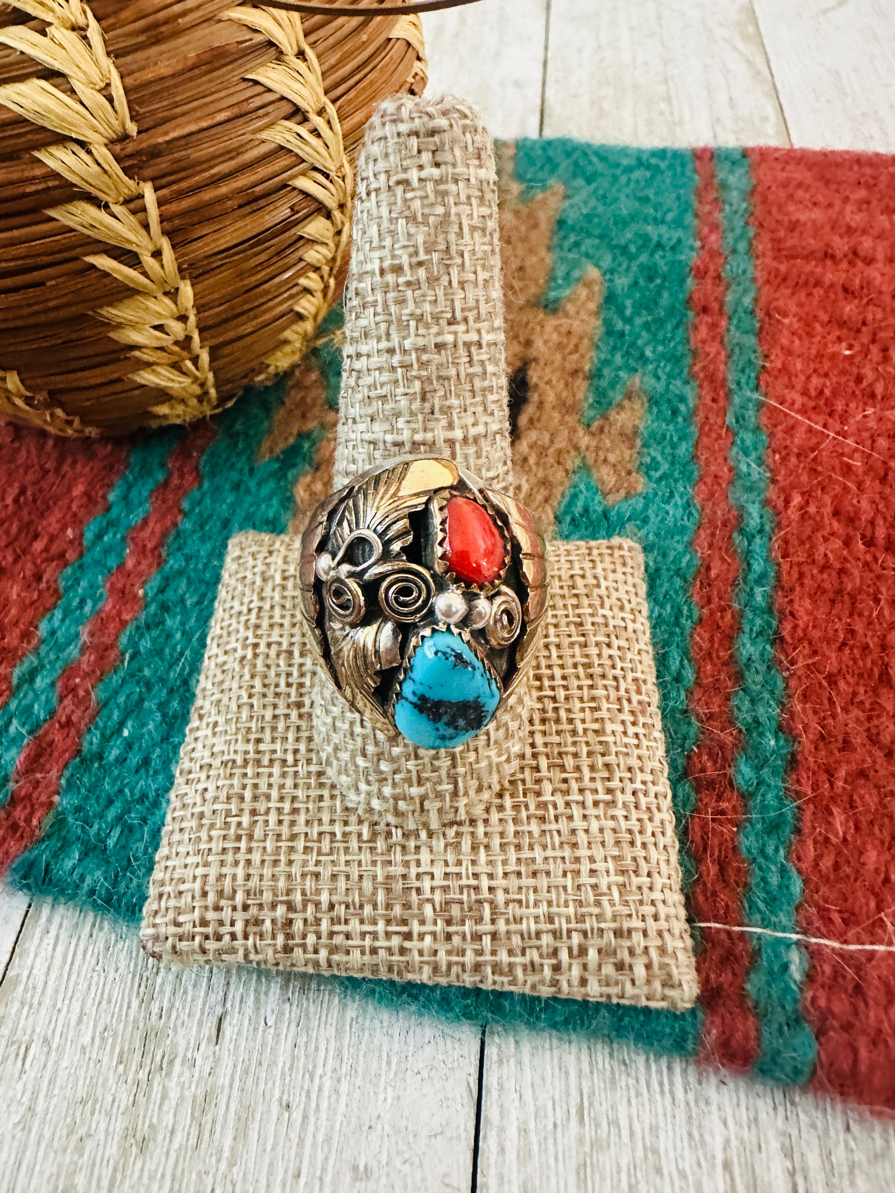 Handcrafted Old Pawn Sterling Silver with Gold Overlay, Turquoise & Coral Ring Size 10.75