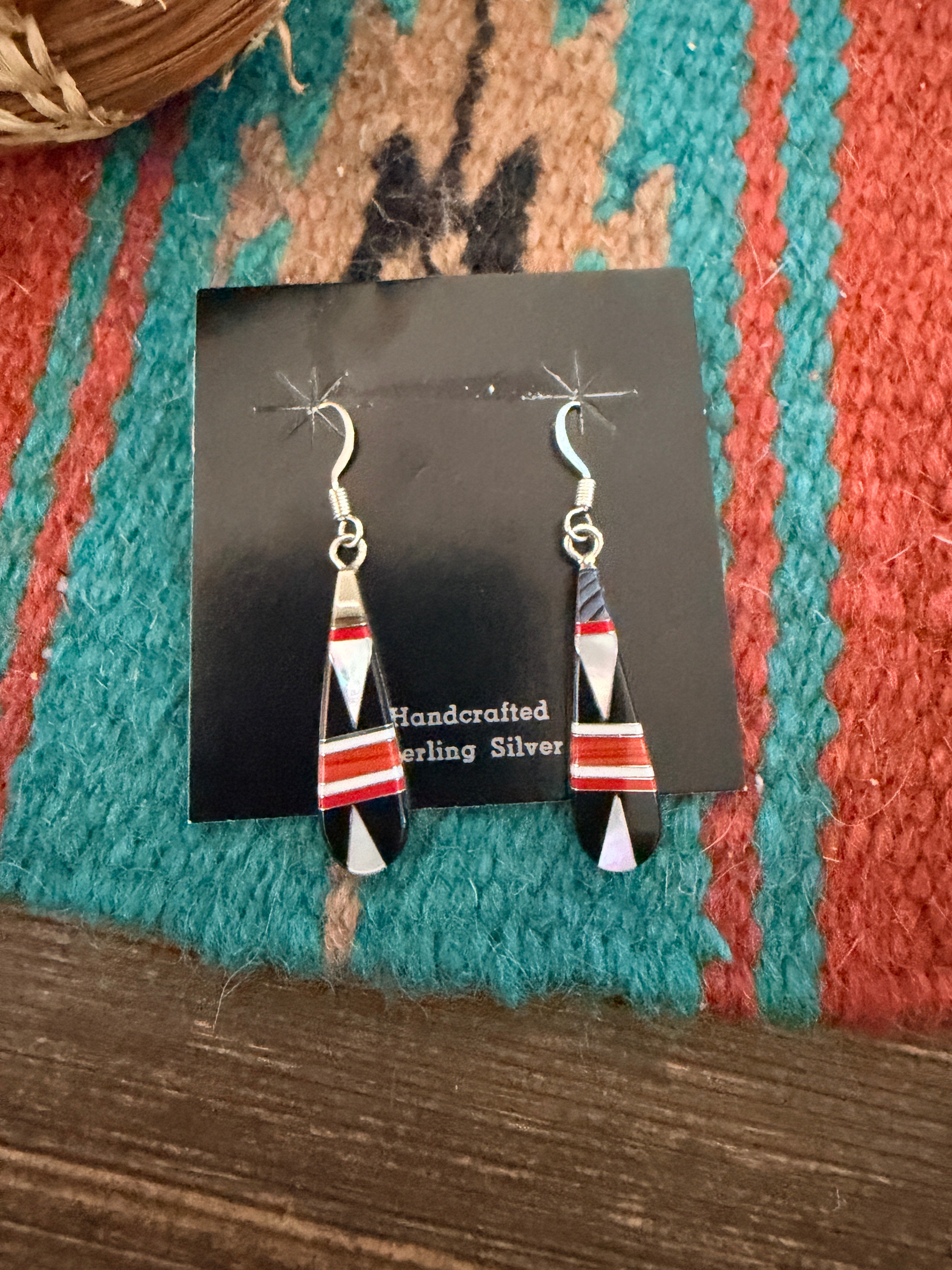 Old Pawn Handcrafted Sterling Silver & Multi Stone Inlay Dangle Earrings