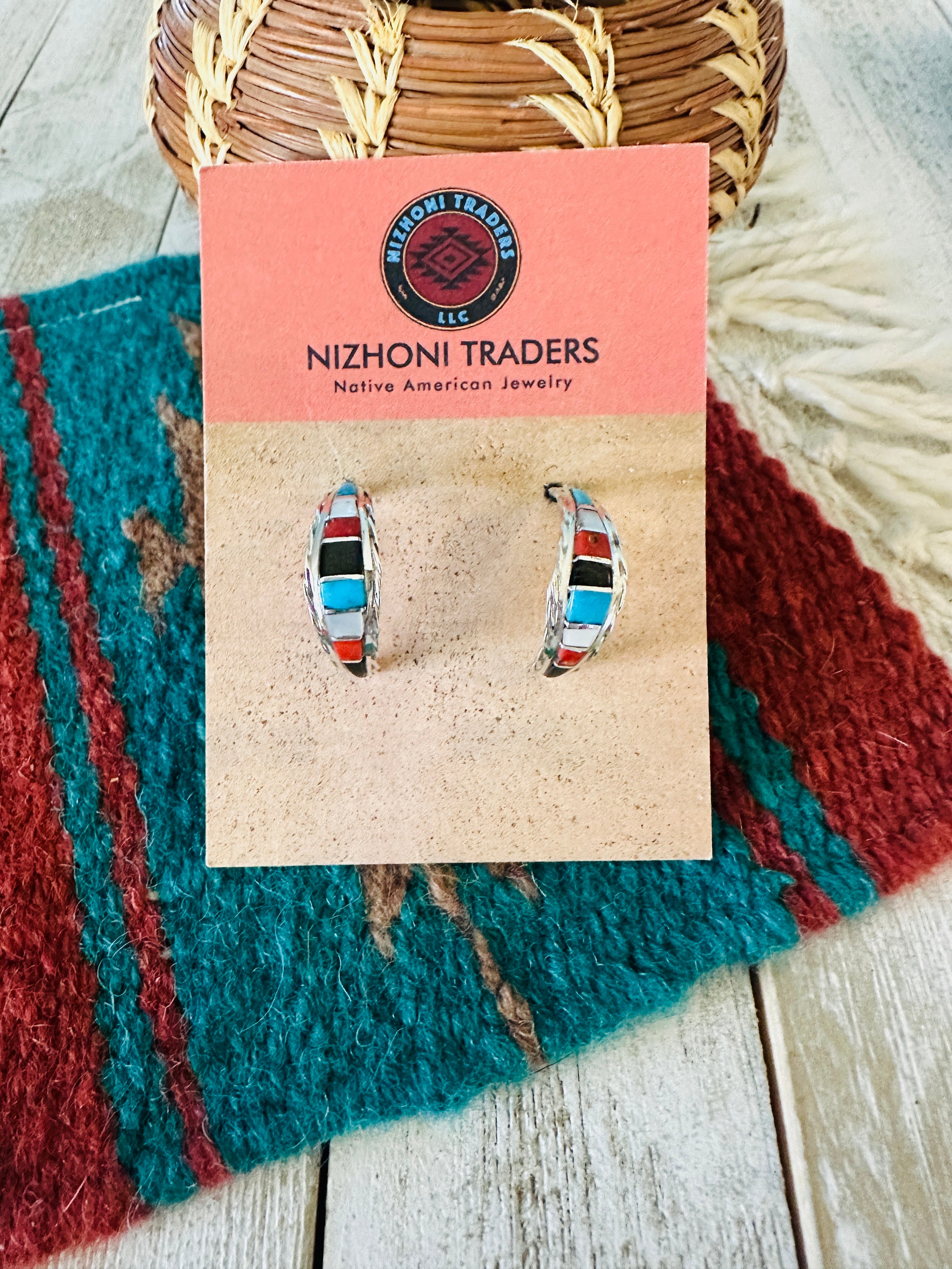 Navajo Multi Stone & Sterling Silver Inlay Cresent Hoop Earrings