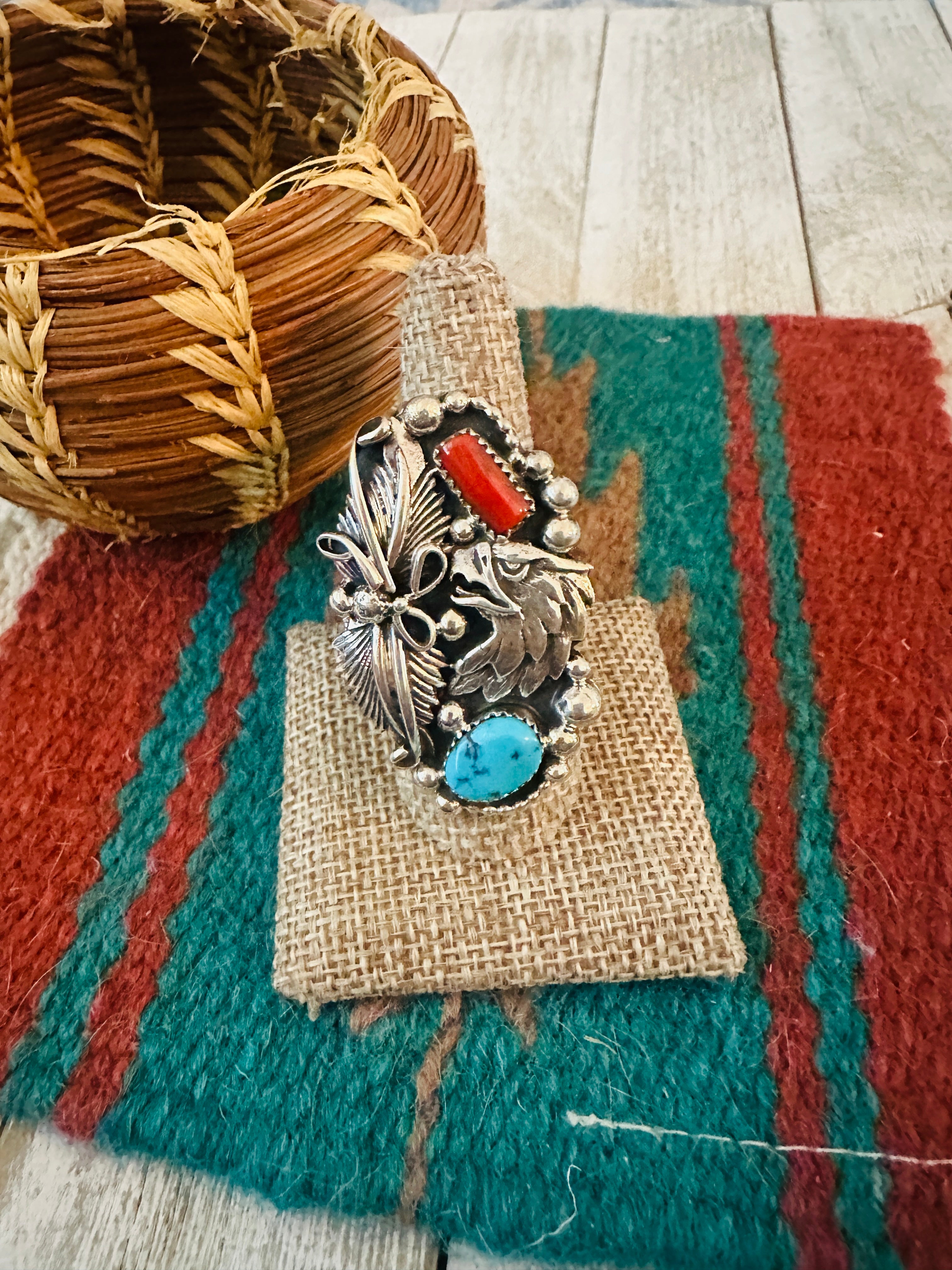 Handcrafted Turquoise, Coral & Sterling Silver Ring Size 9