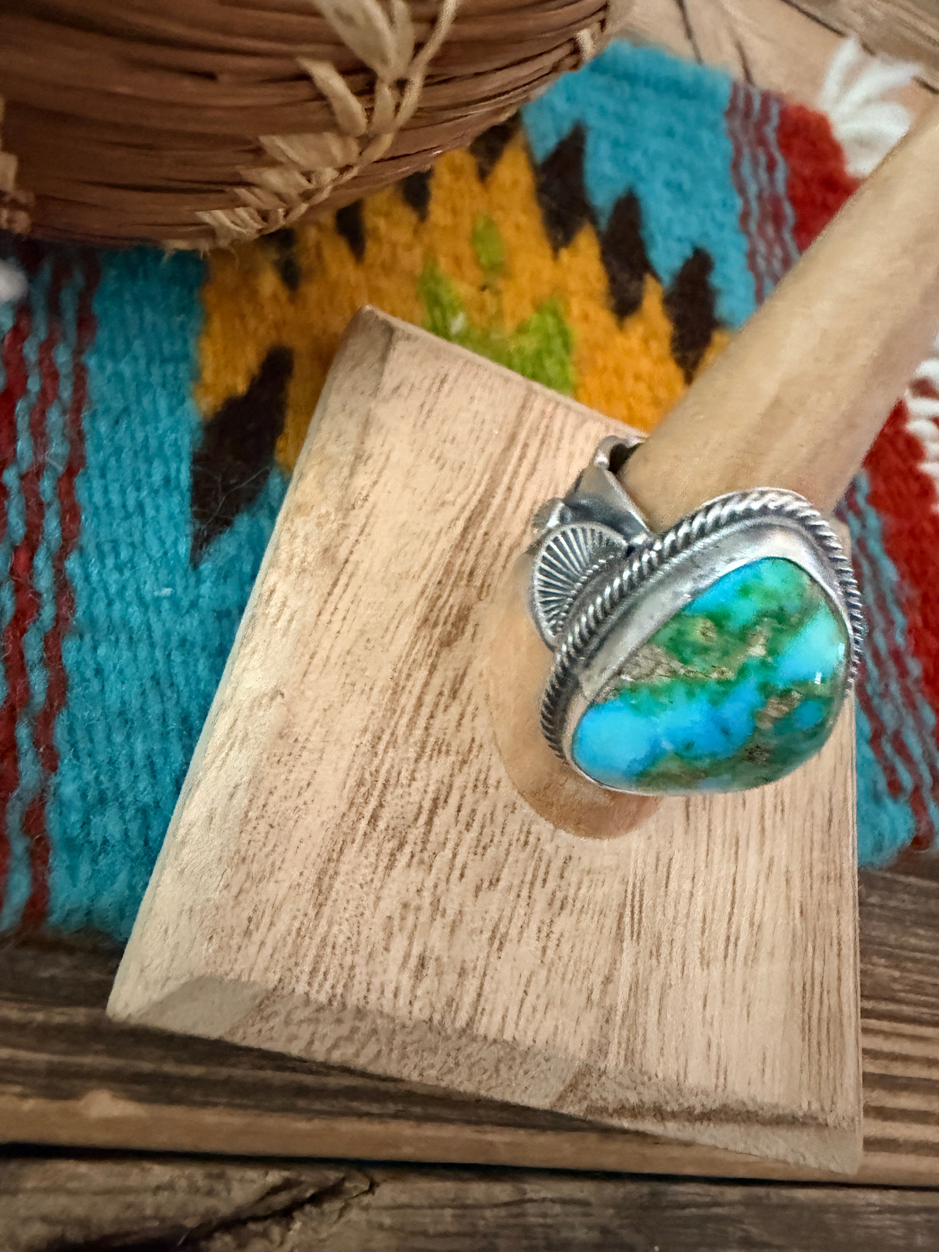 Handcrafted Sonoran Mountain Turquoise & Sterling Silver Ring Size 11.5 by Sheila Tso