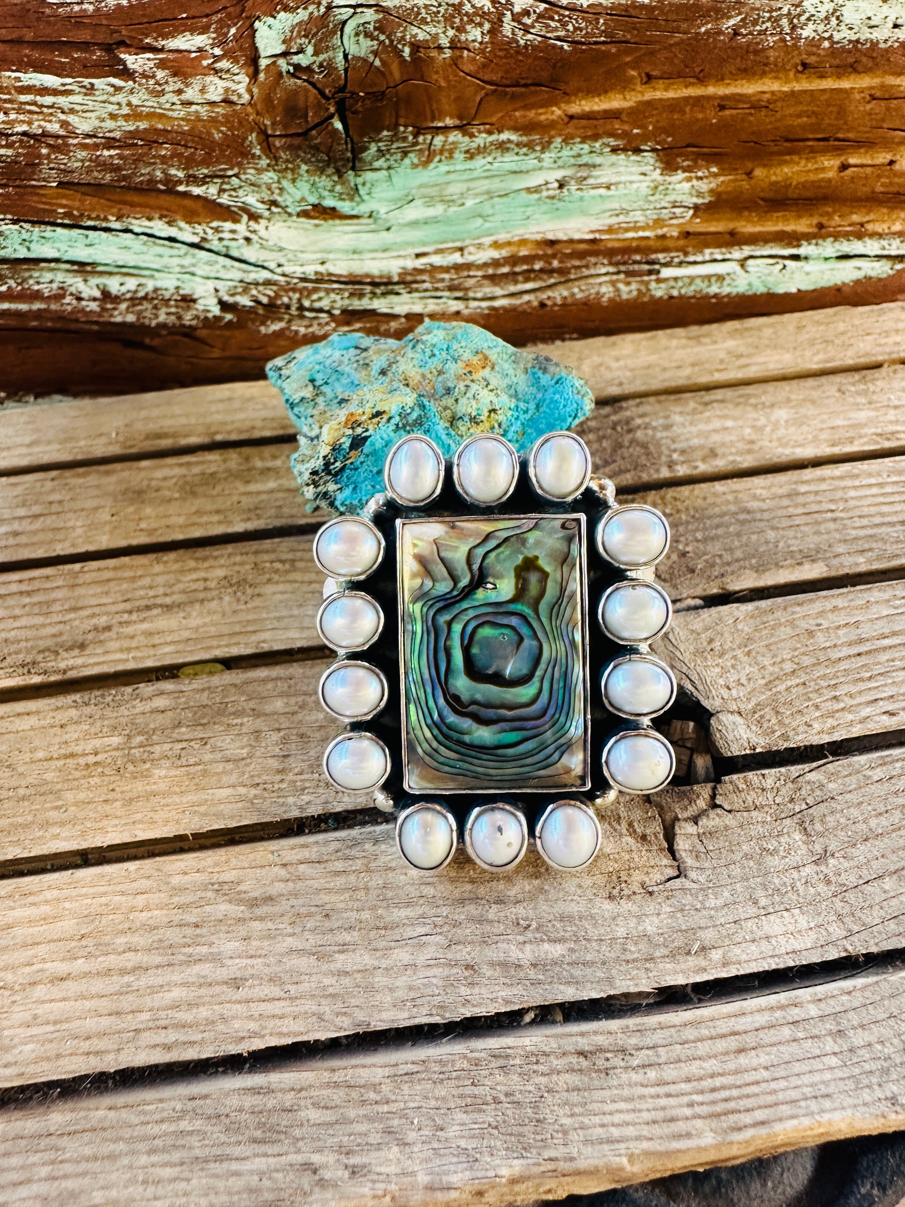 Handcrafted Abalone, Mother of Pearl & Sterling Silver Adjustable Ring by Federico Jimenez