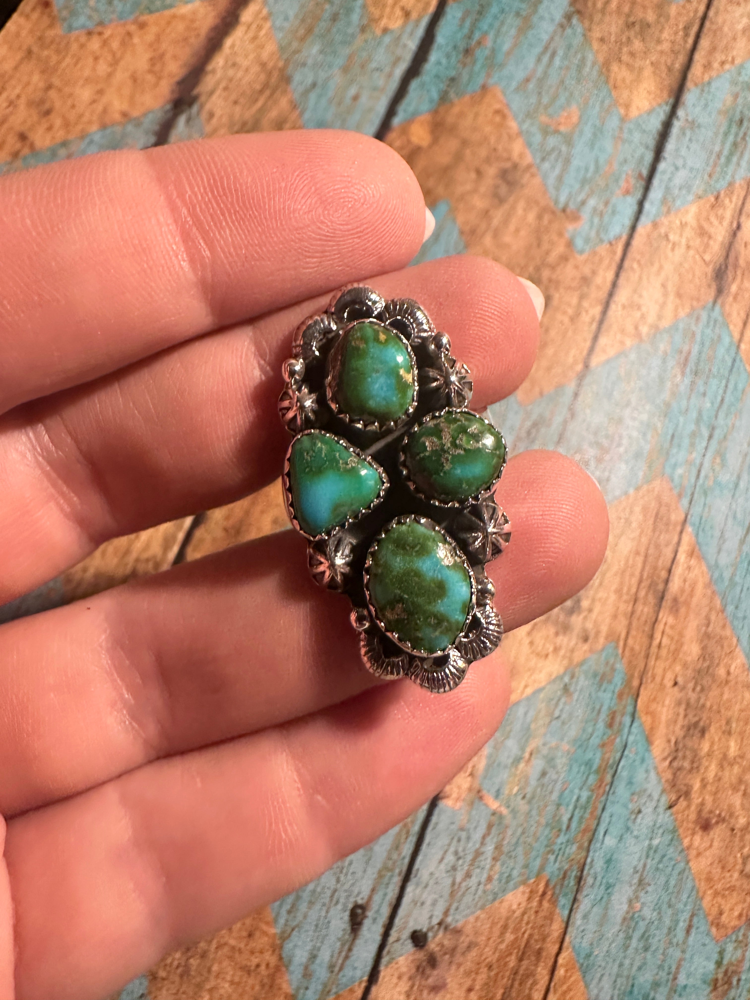 Beautiful Handmade Sonoran Mountain Turquoise And Sterling Silver Adjustable 4 Stone Ring