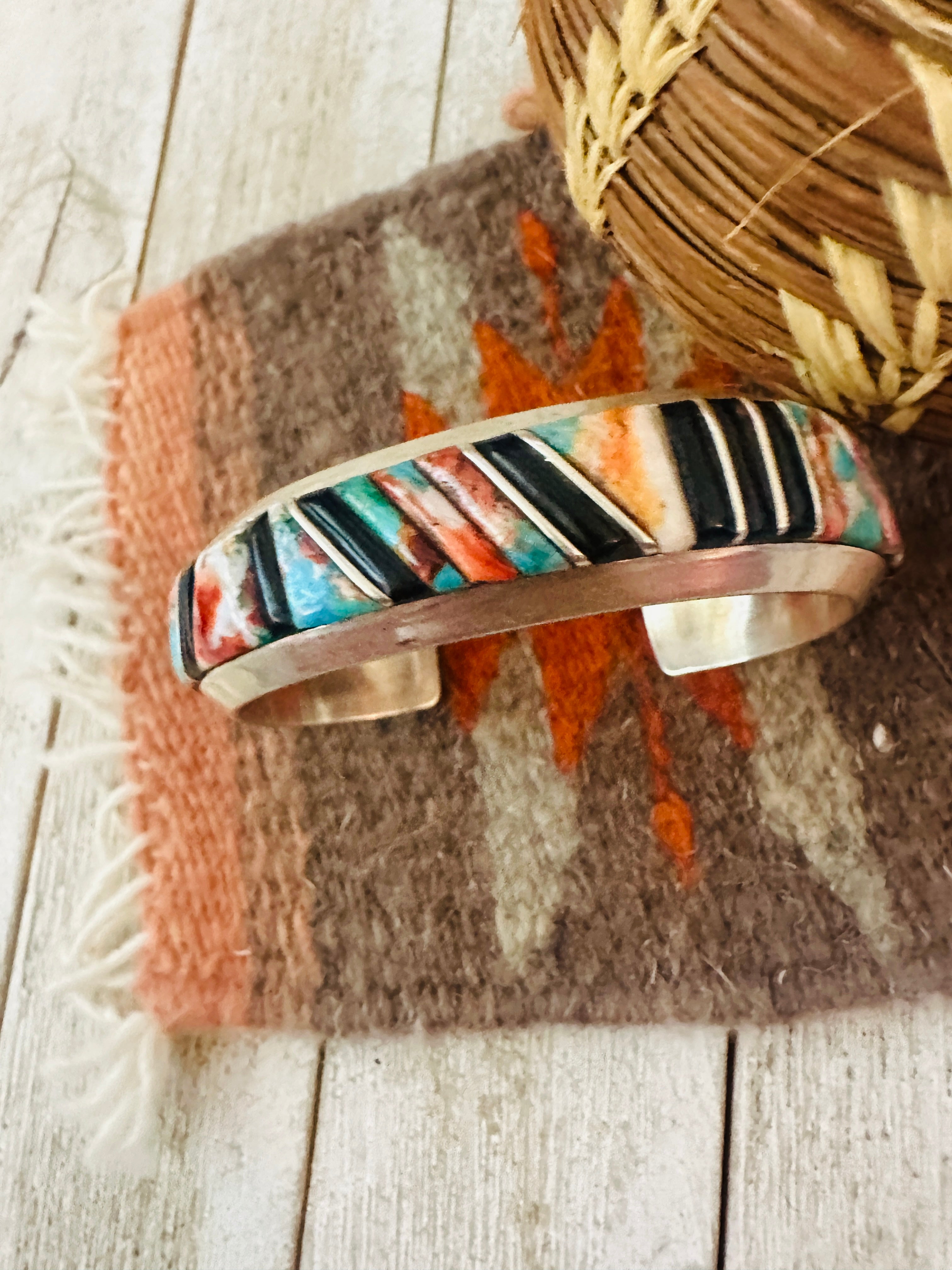 Handcrafted Multi Stone & Sterling Silver Inlay Cuff Bracelet