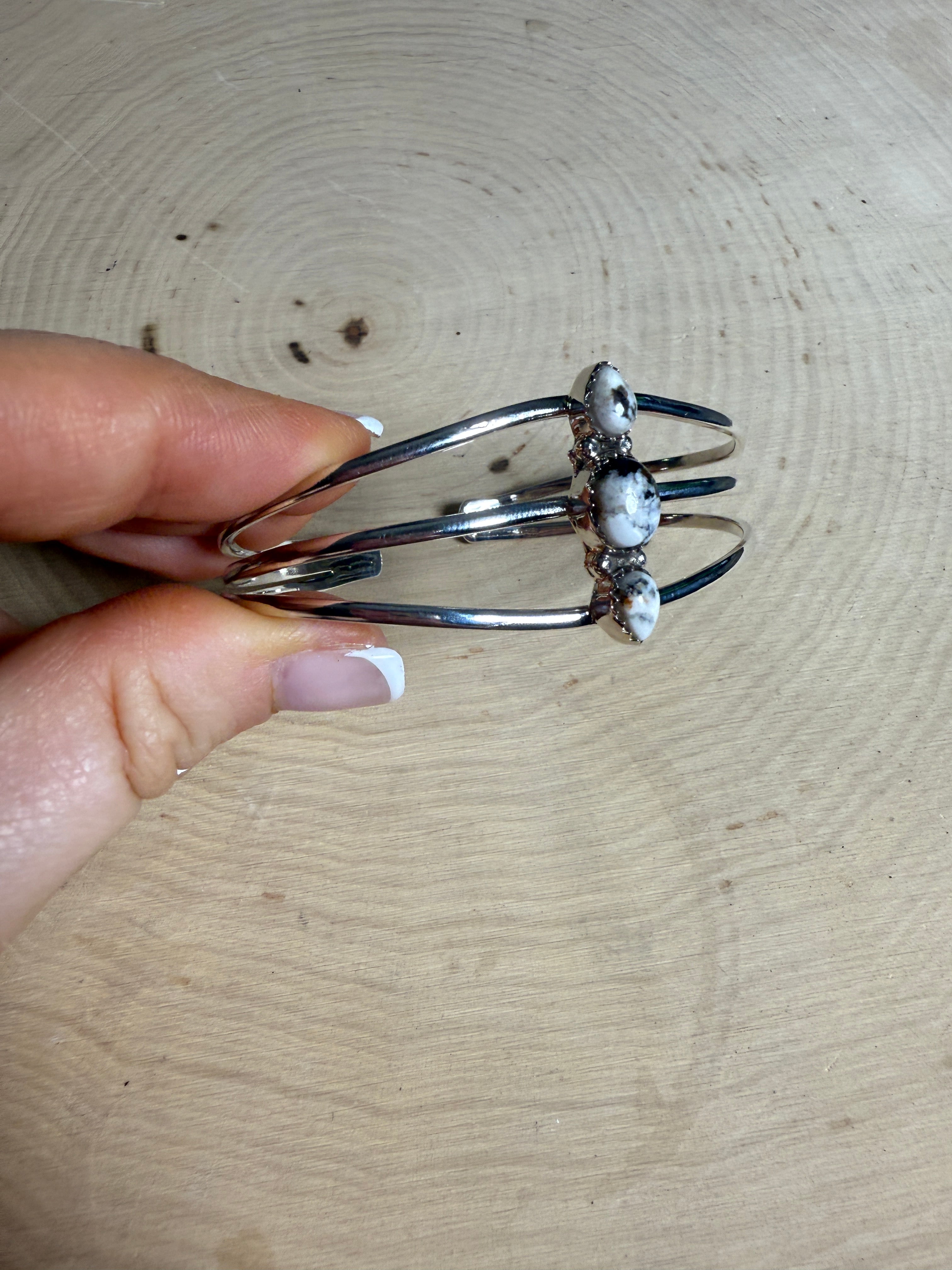 Handmade White Buffalo & Sterling Silver 3 Stone Adjustable Cuff Bracelet