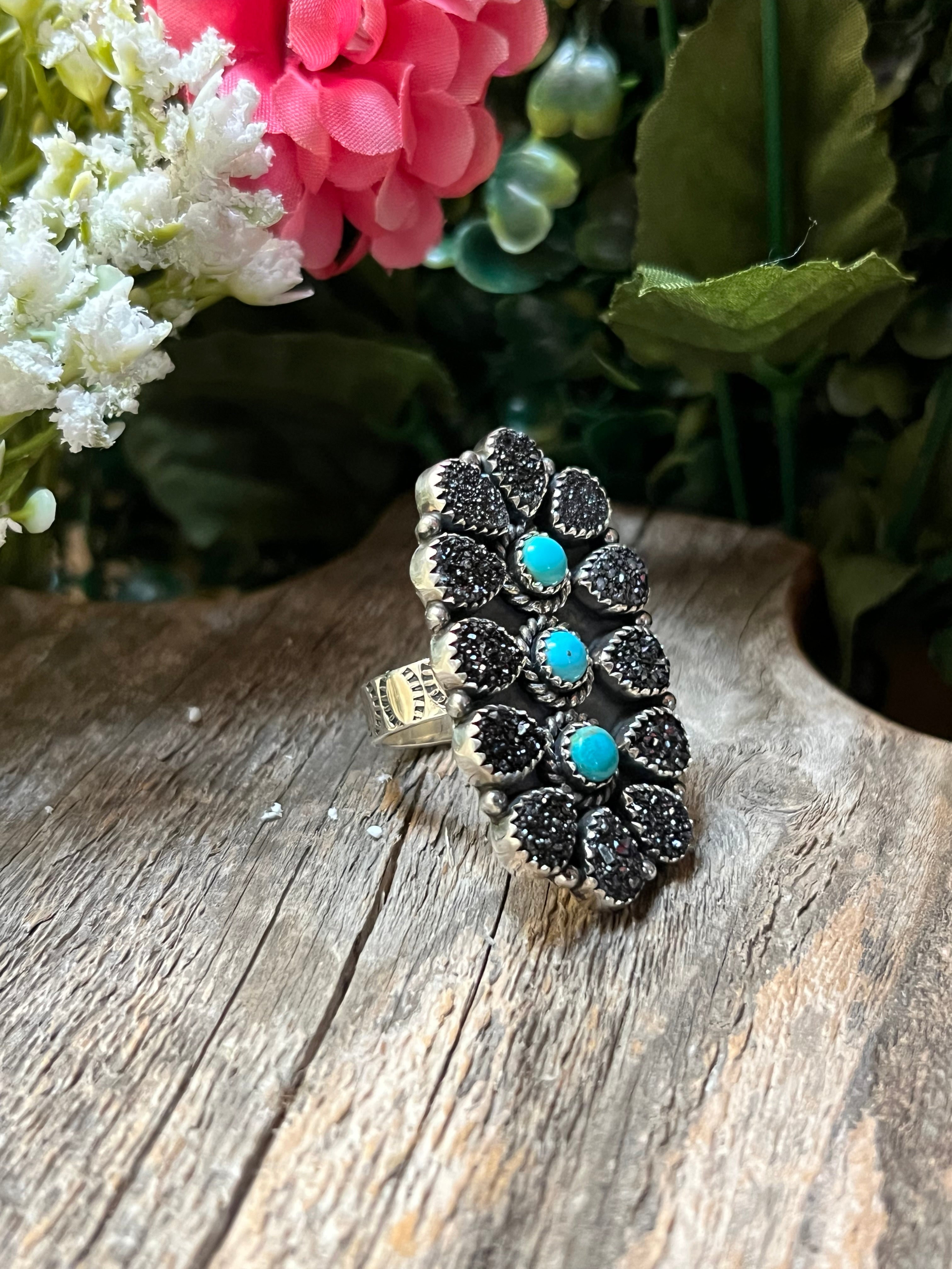 Handmade Turquoise & Black Druzy Cluster Sterling Silver Adjustable Statement Ring