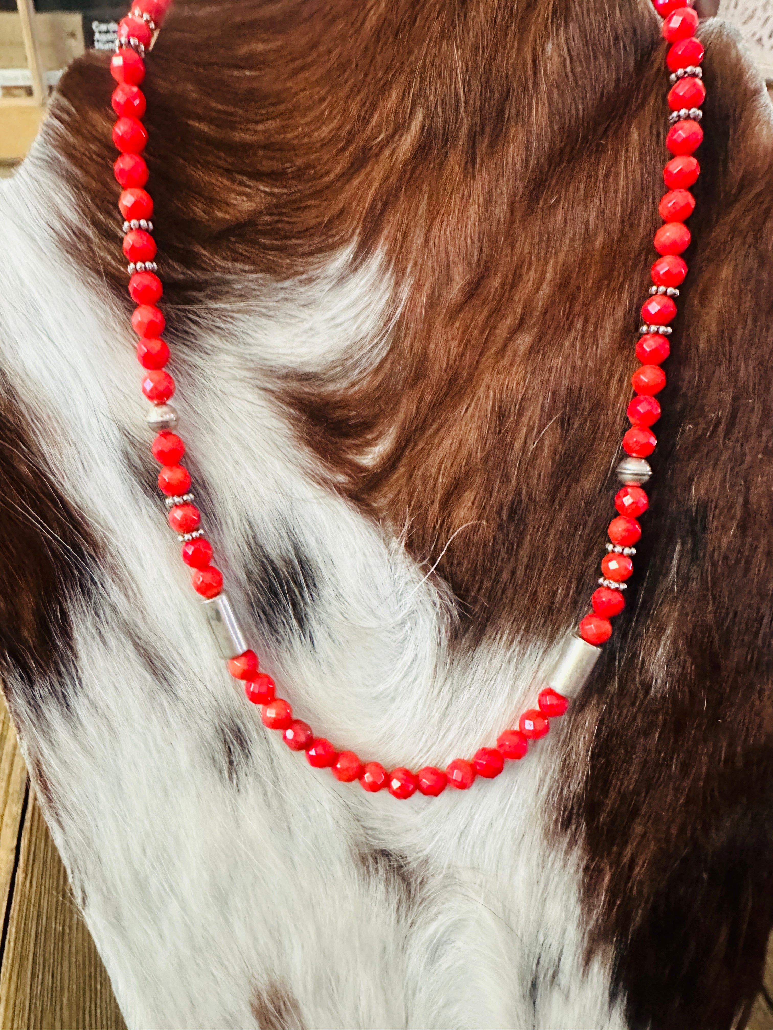 Handcrafted Red Agate & Sterling Silver Beaded 18” Necklace by T & R Singer