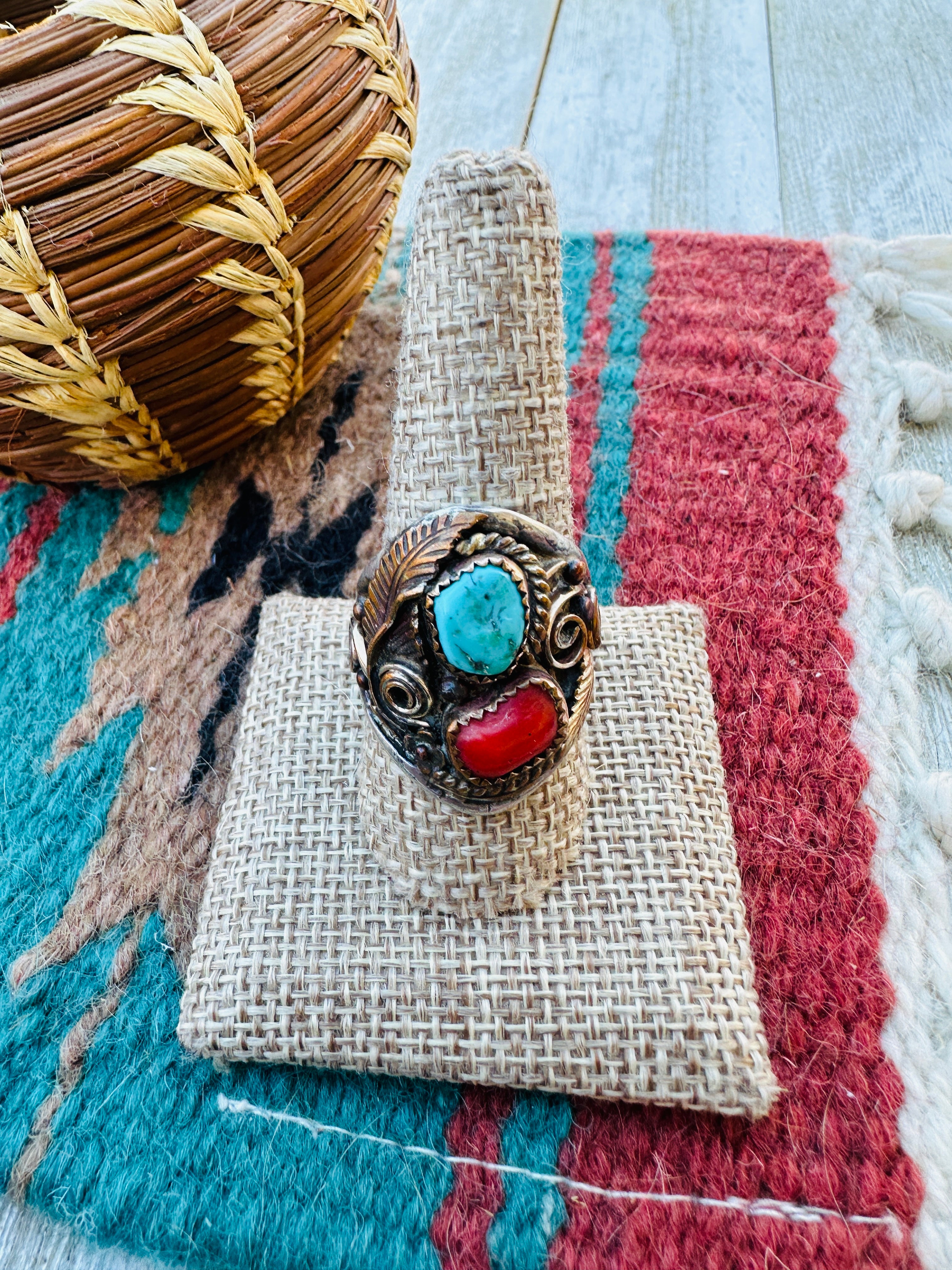 Old Pawn Handcrafted Turquoise, Coral & 14K Gold Overlay Sterling Silver Ring Size 10