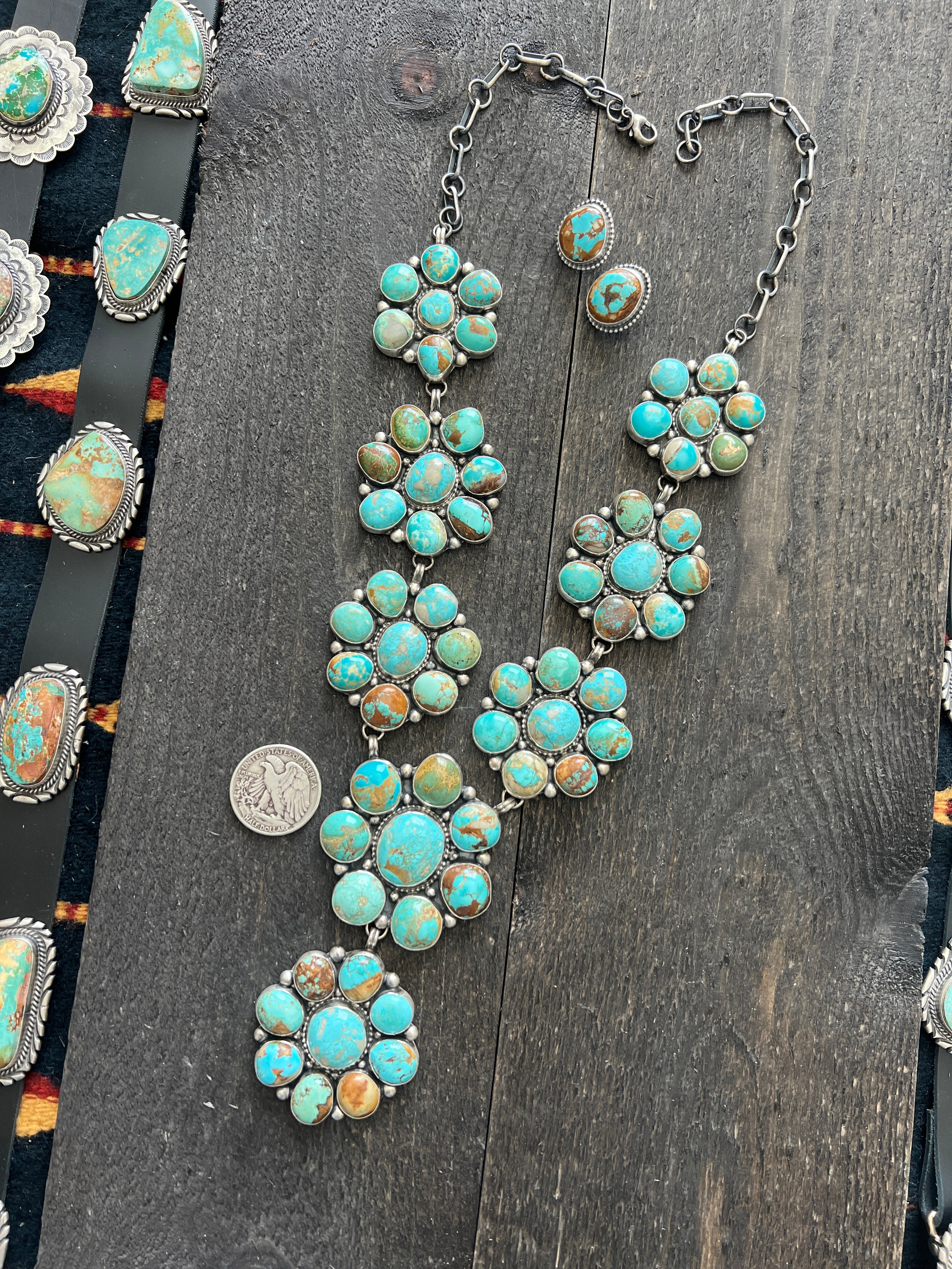 Handcrafted Big Mama Sterling Silver and Royston Turquoise Cluster Necklace with Matching Earrings by Sheila Becenti