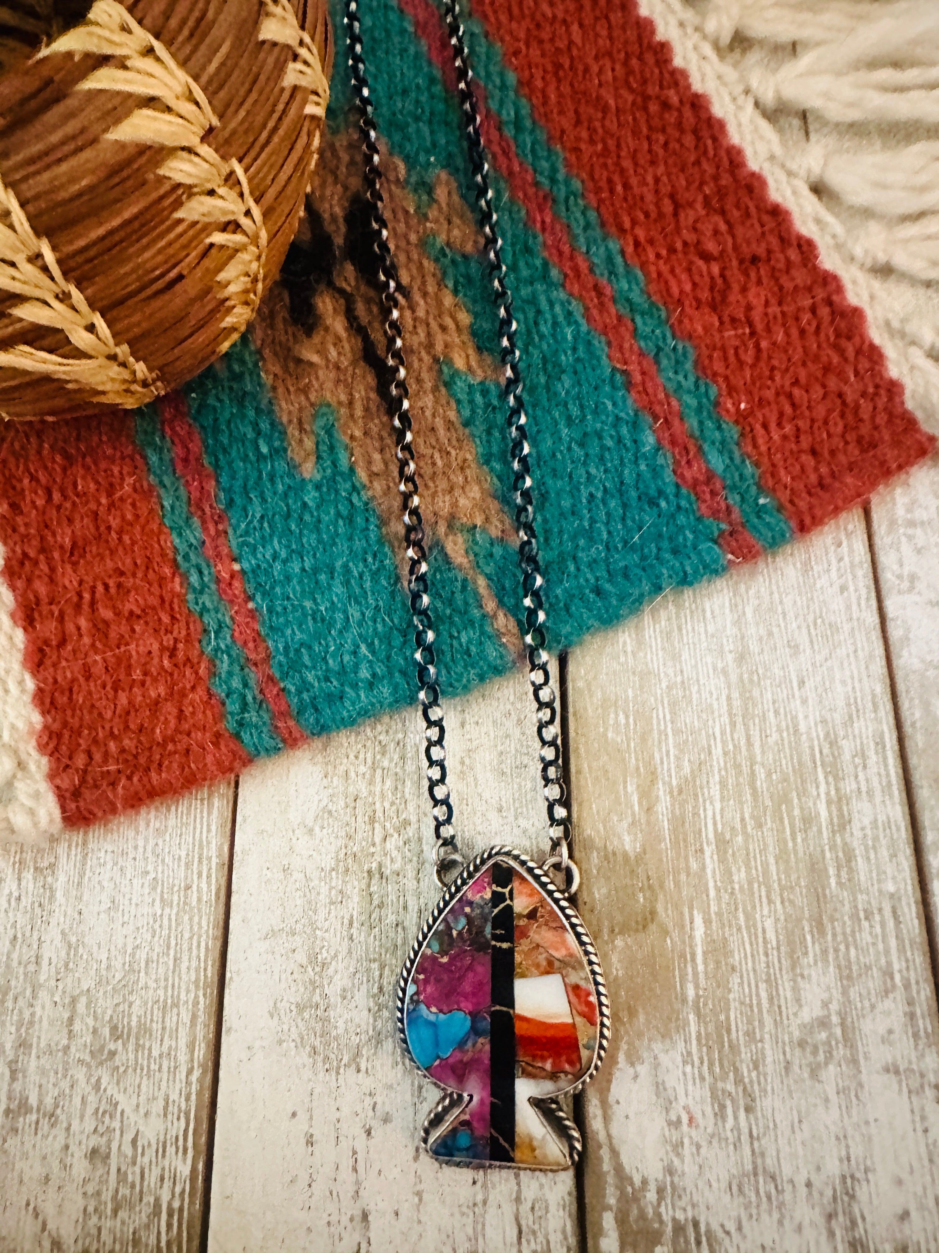 Navajo Sterling Silver & Multi Stone Inlay Spade Necklace