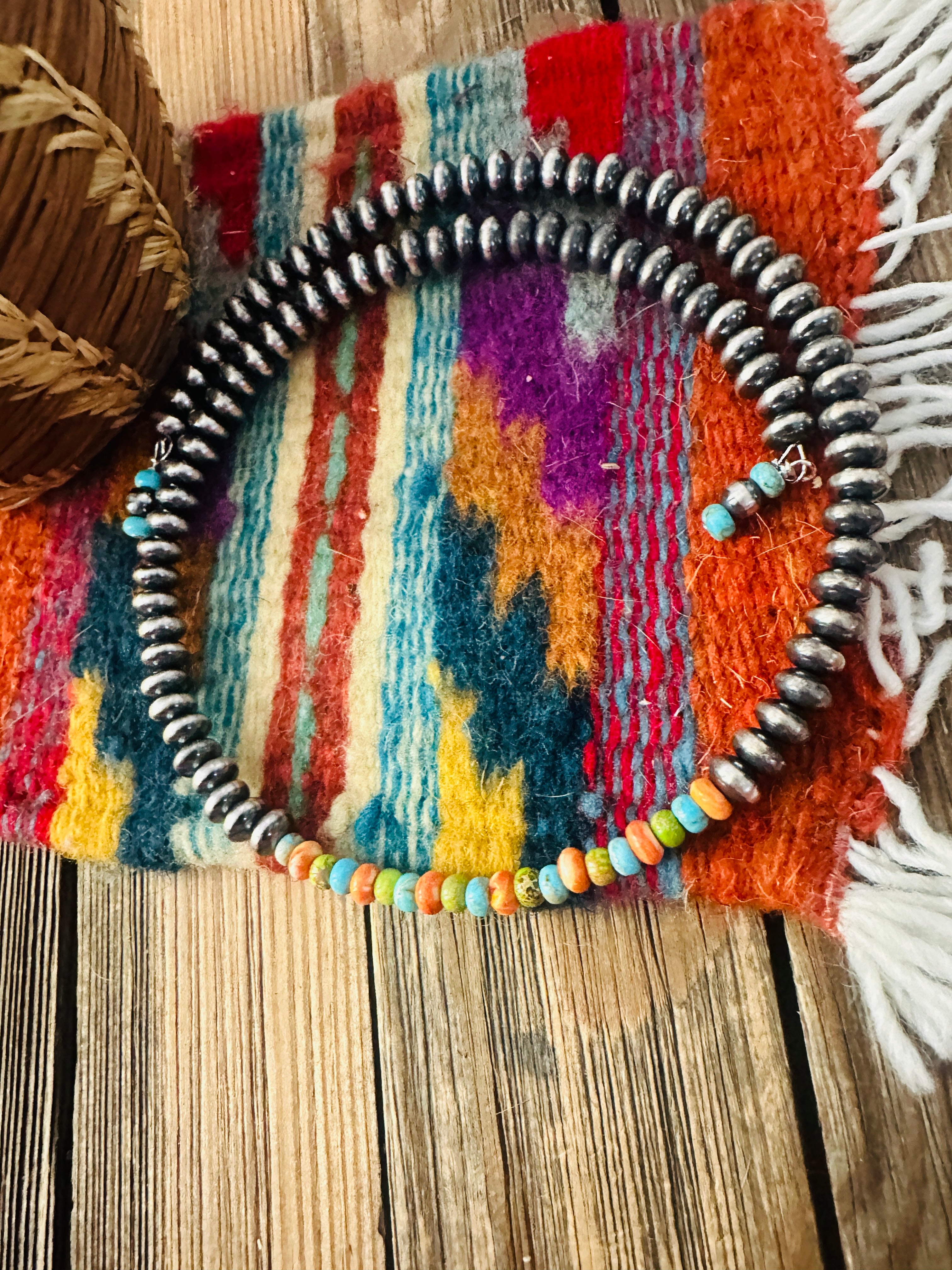 Handcrafted Turquoise, Spiny & Sterling Silver Beaded Wrap Choker Necklace