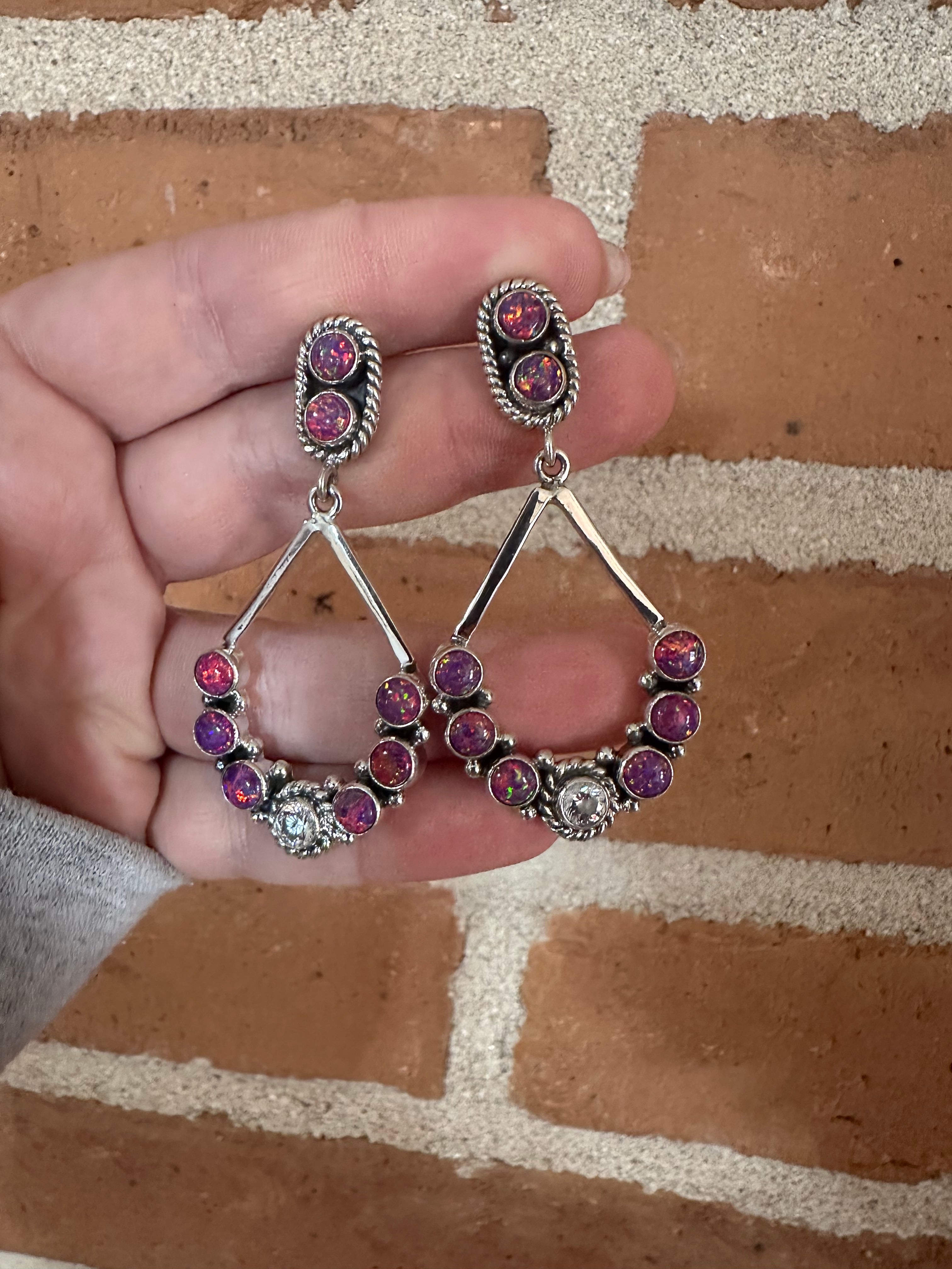 Handmade Dark Pink Fire Opal, CZ and Sterling Silver Handmade Dangles