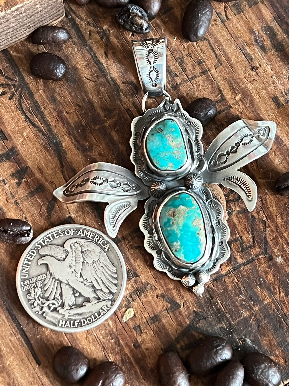 Sterling Silver and Turquoise Winged Bug Pendant by Kimari Somers