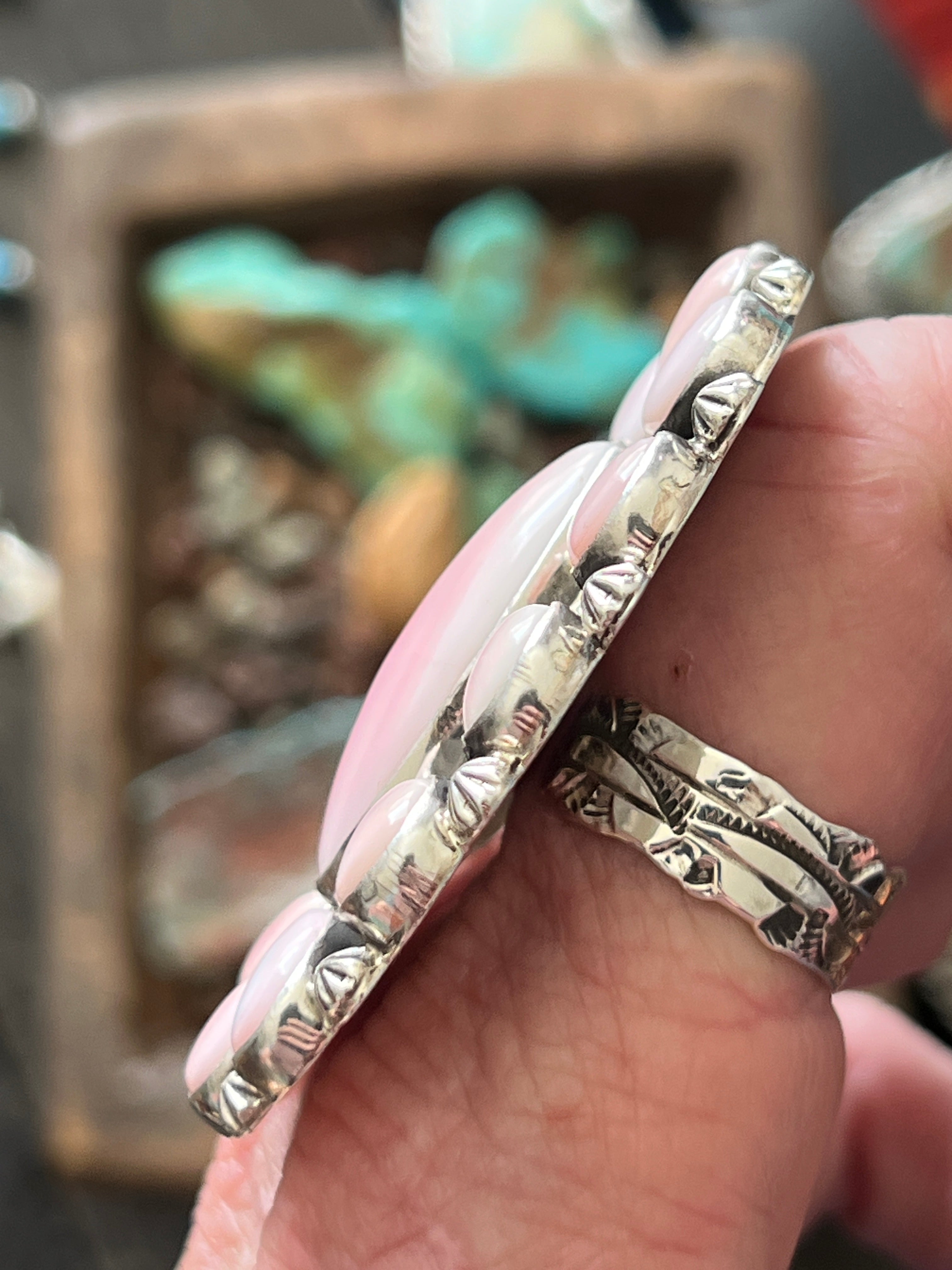 Handcrafted Sterling Silver and Oval Queen Pink Conch Shell Cluster Ring by Aaron Tallis, Adjustable