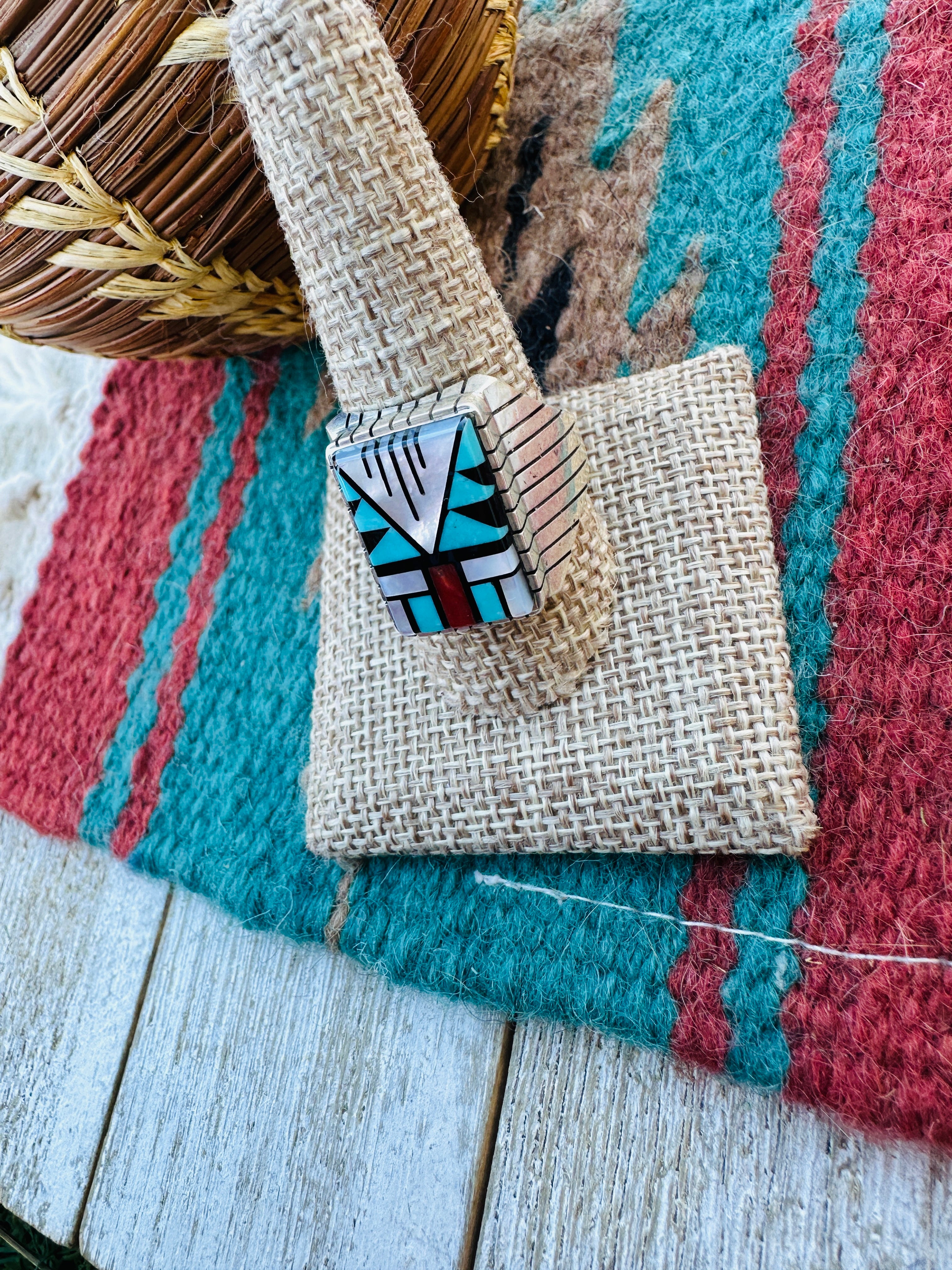 Handcrafted Multi Stone & Sterling Silver Inlay Ring Size 10.75