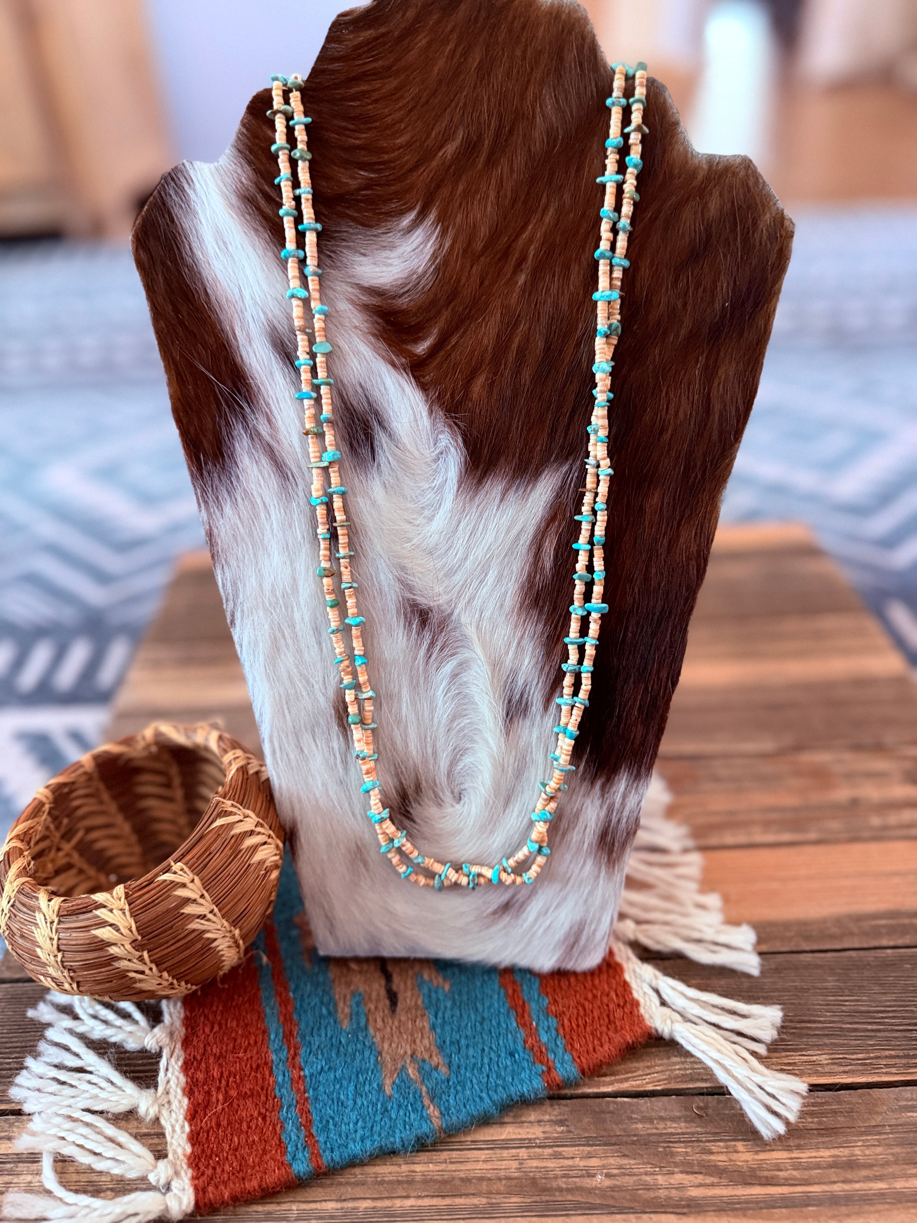 Old Pawn Handcrafted Turquoise & Heishi Shell Beaded 28” Necklace