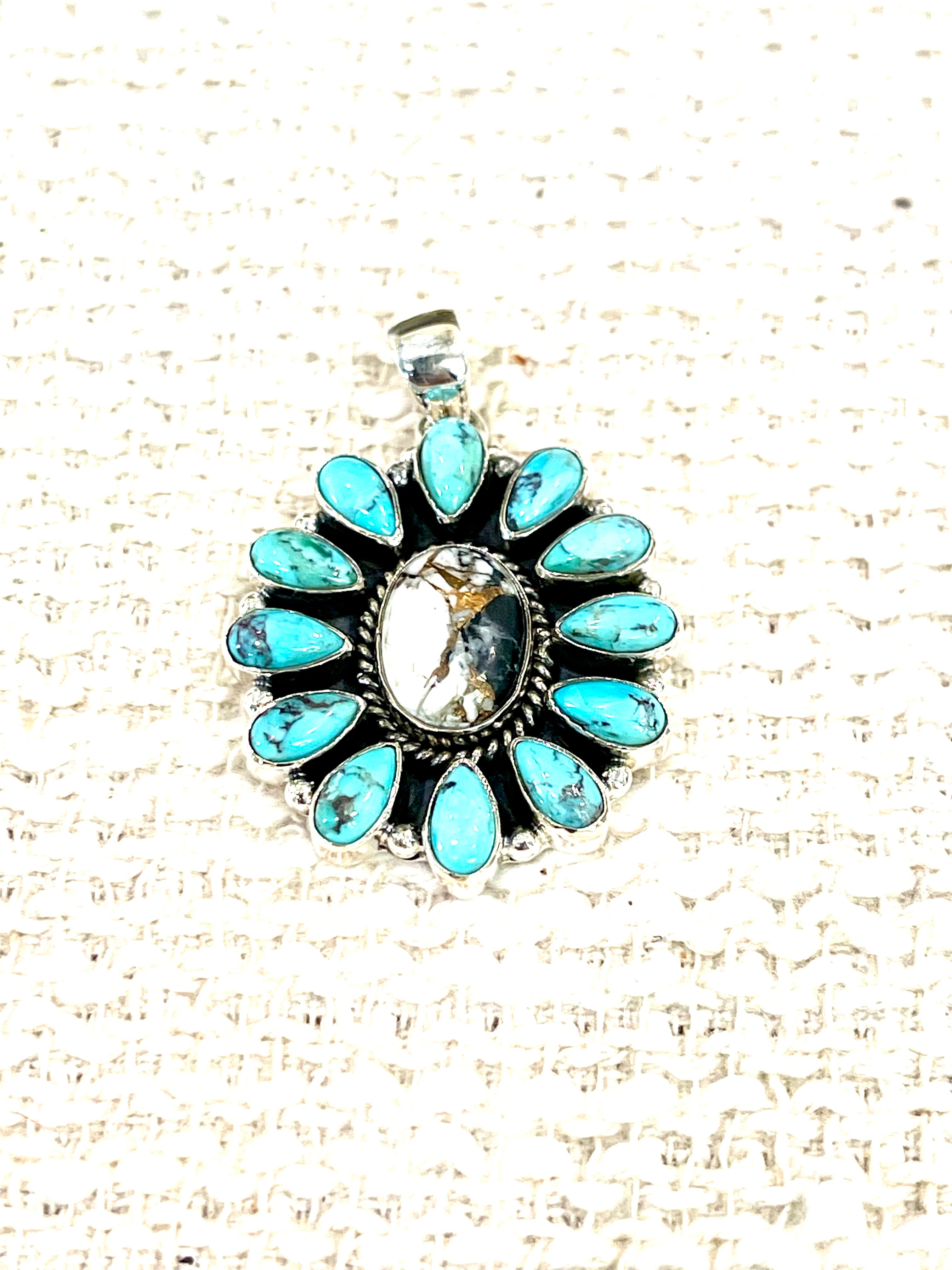 Handmade Sterling Silver,Turquoise &  White Buffalo Mojave Cluster Pendant