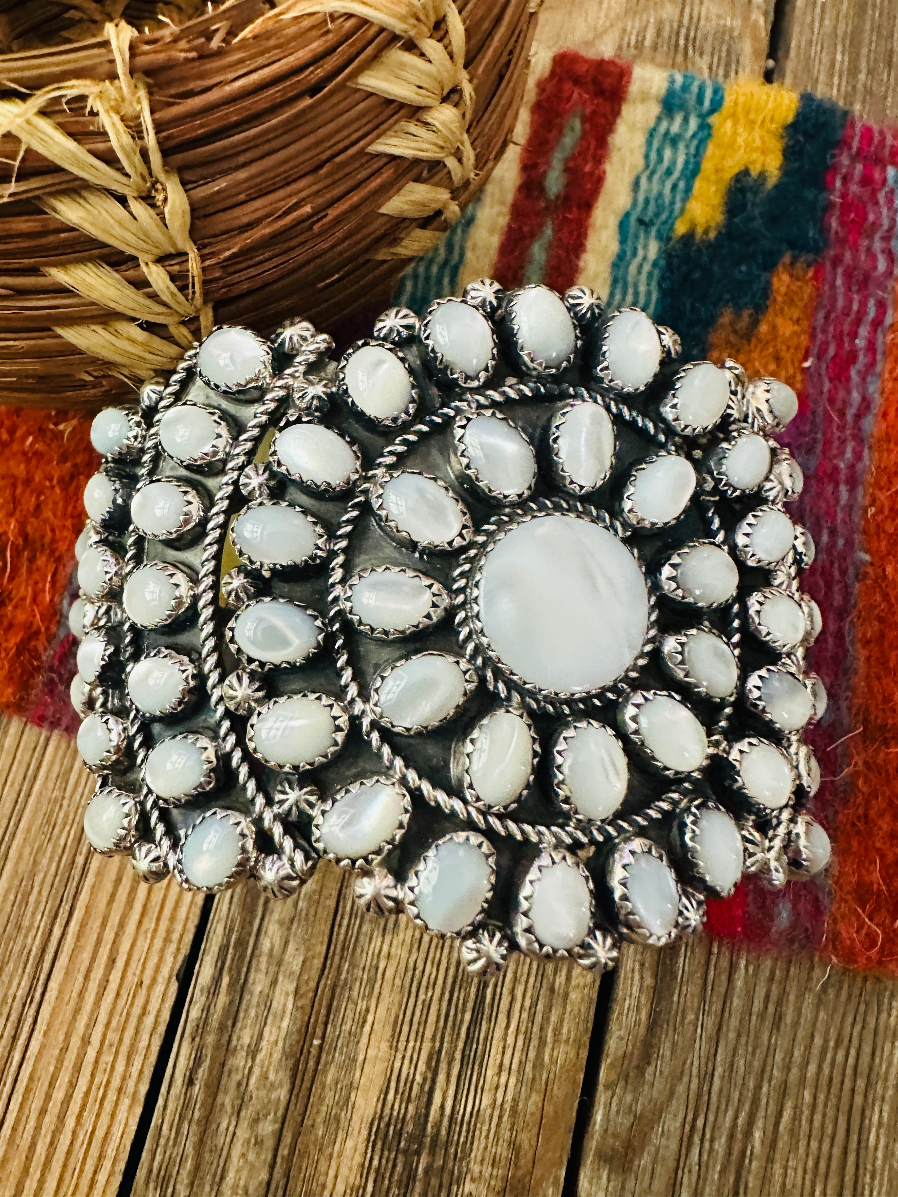 Handcrafted Old Pawn Sterling Silver & Mother of Pearl Cuff Bracelet