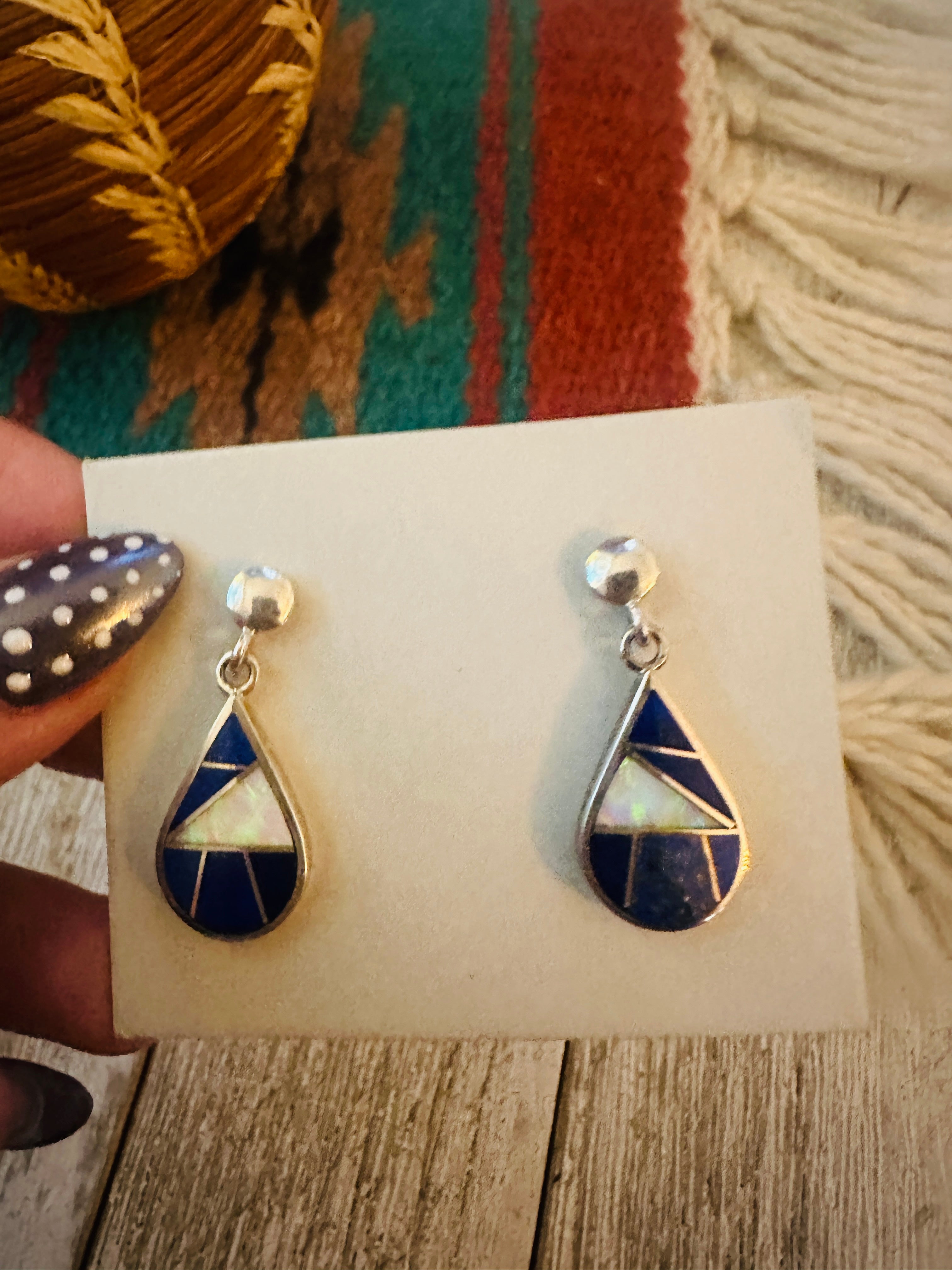 Handcrafted Lapis, Opal & Sterling Silver Inlay Dangle Earrings