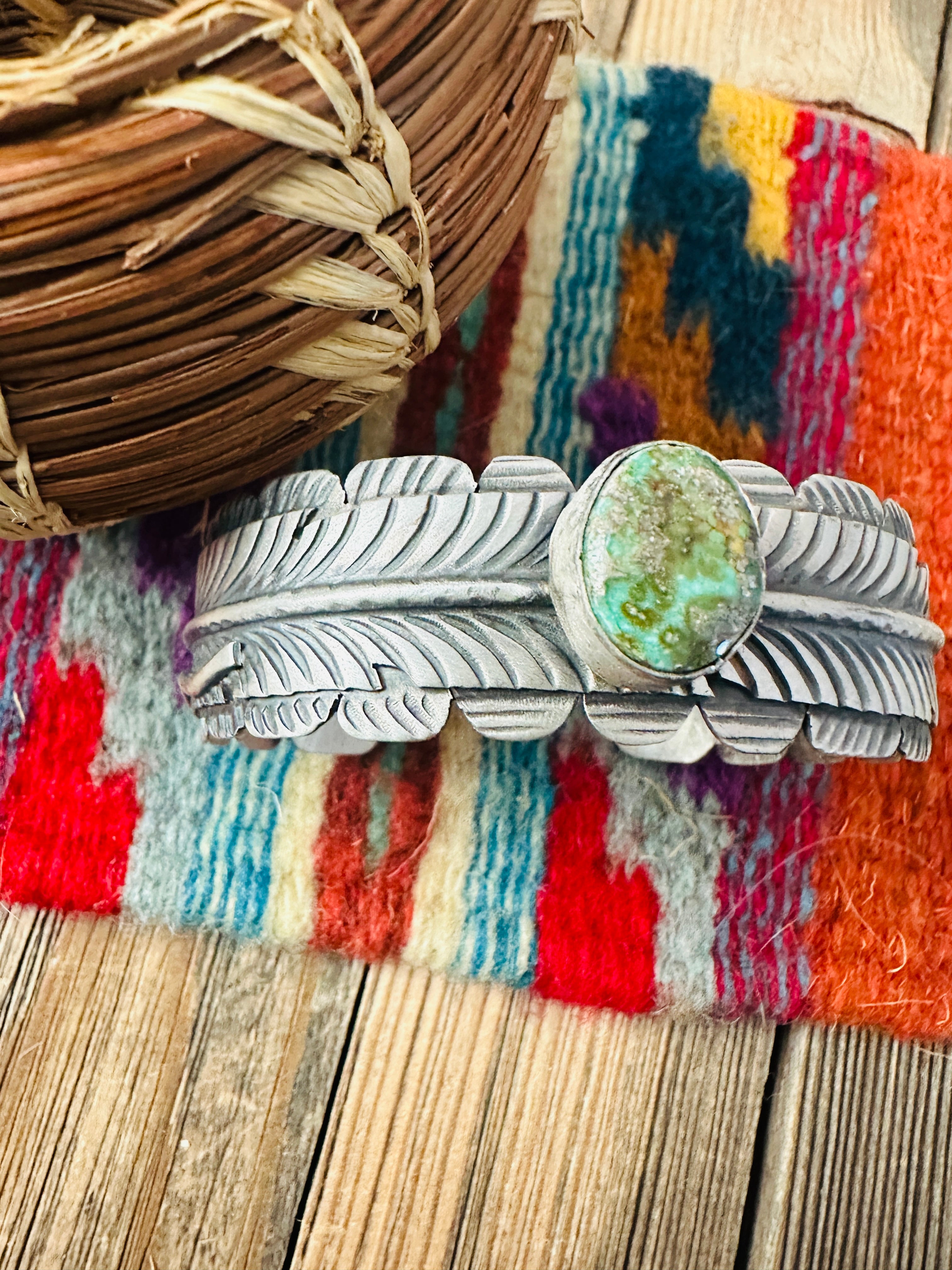 Handcrafted Sonoran Gold Turquoise & Sterling Silver Feather Cuff Bracelet