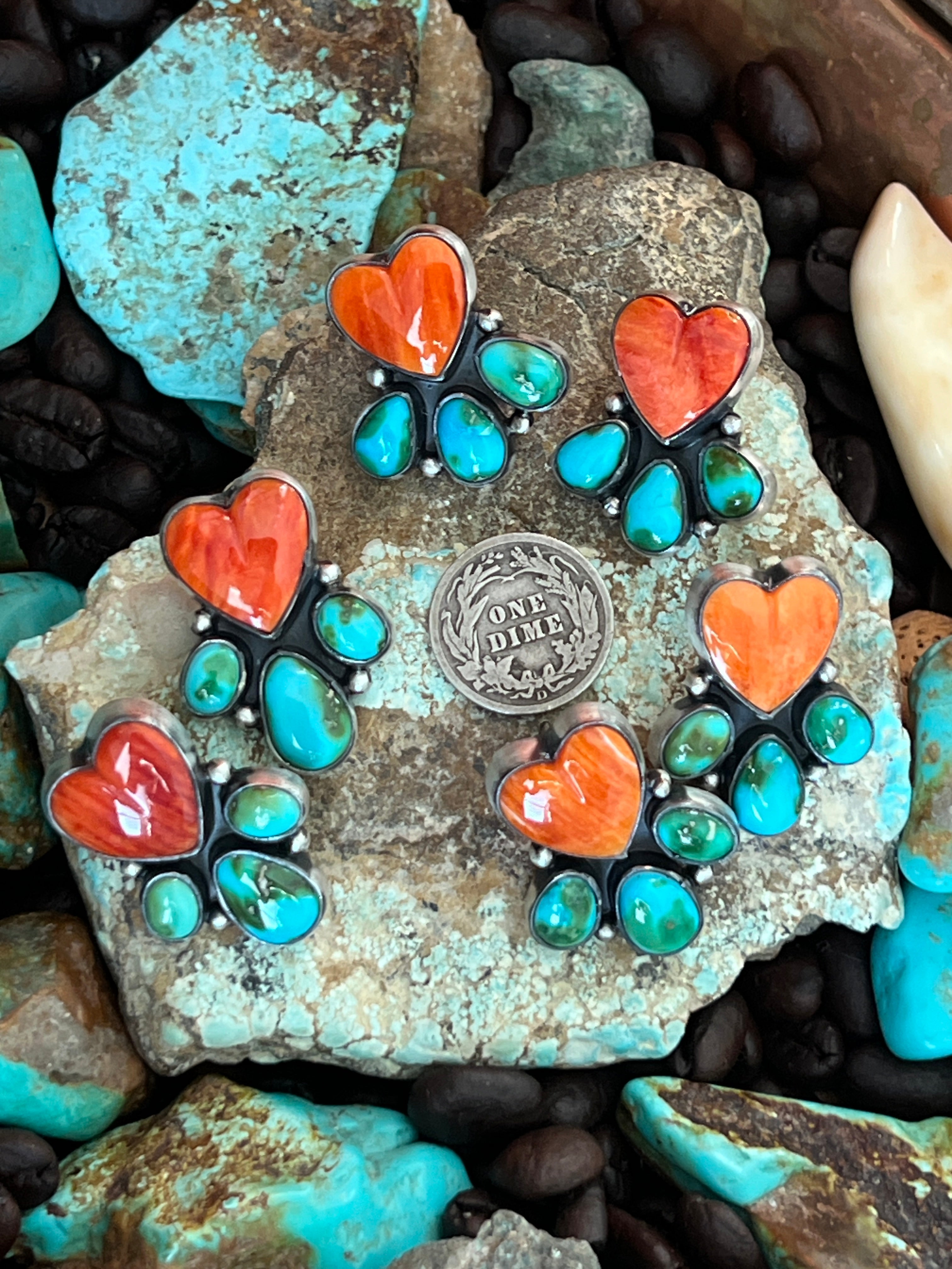 Vibrant Handcrafted Sterling Silver, Sonoran Turquoise and Spiny Oyster Shell Heart Cluster Post Earrings by Lucy Jake