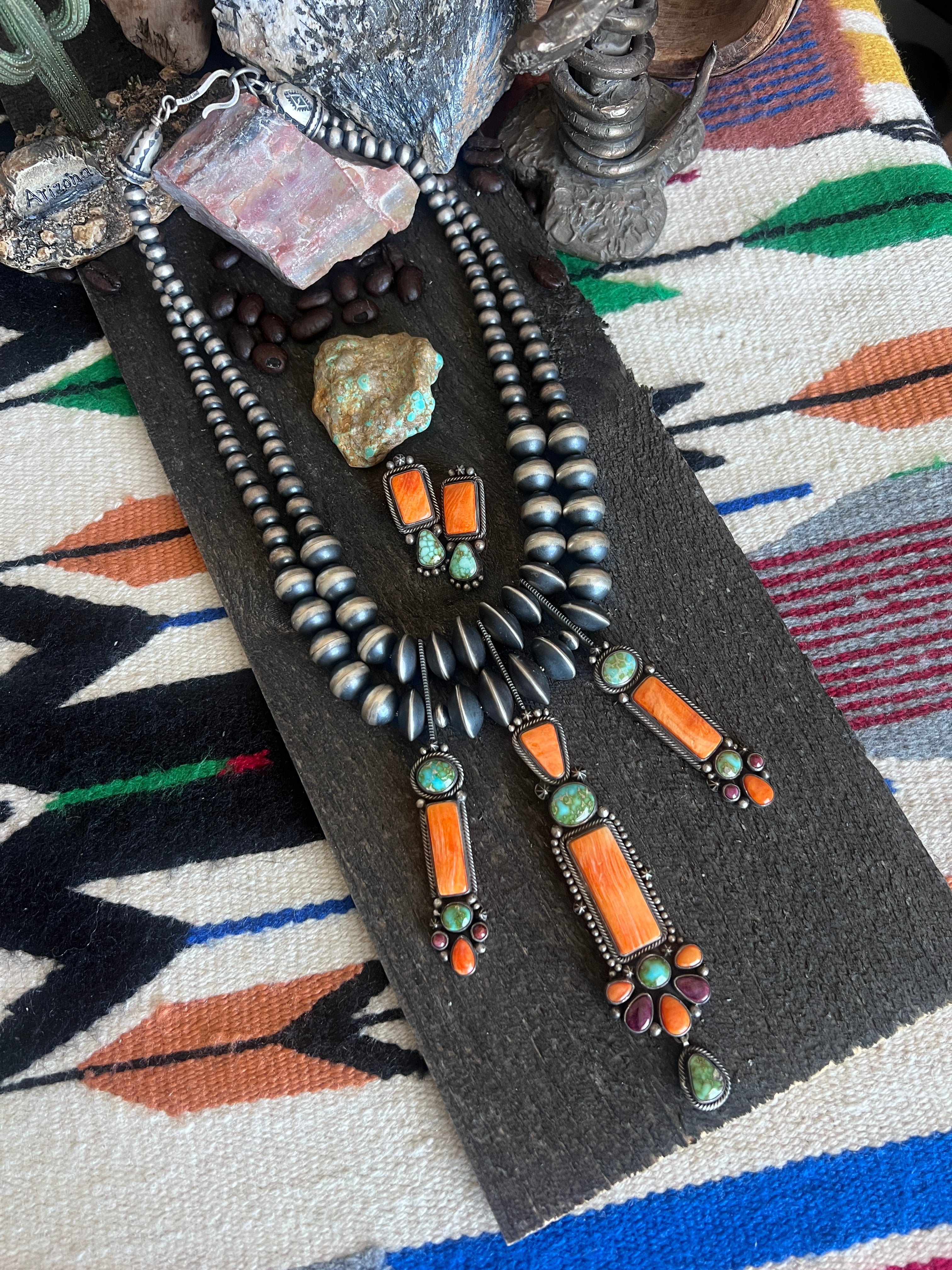 Electric Rainbow Sterling Silver, Sonoran Gold Turquoise and Spiny Oyster Beaded Necklace and Earrings Set by Bernyse Chavez