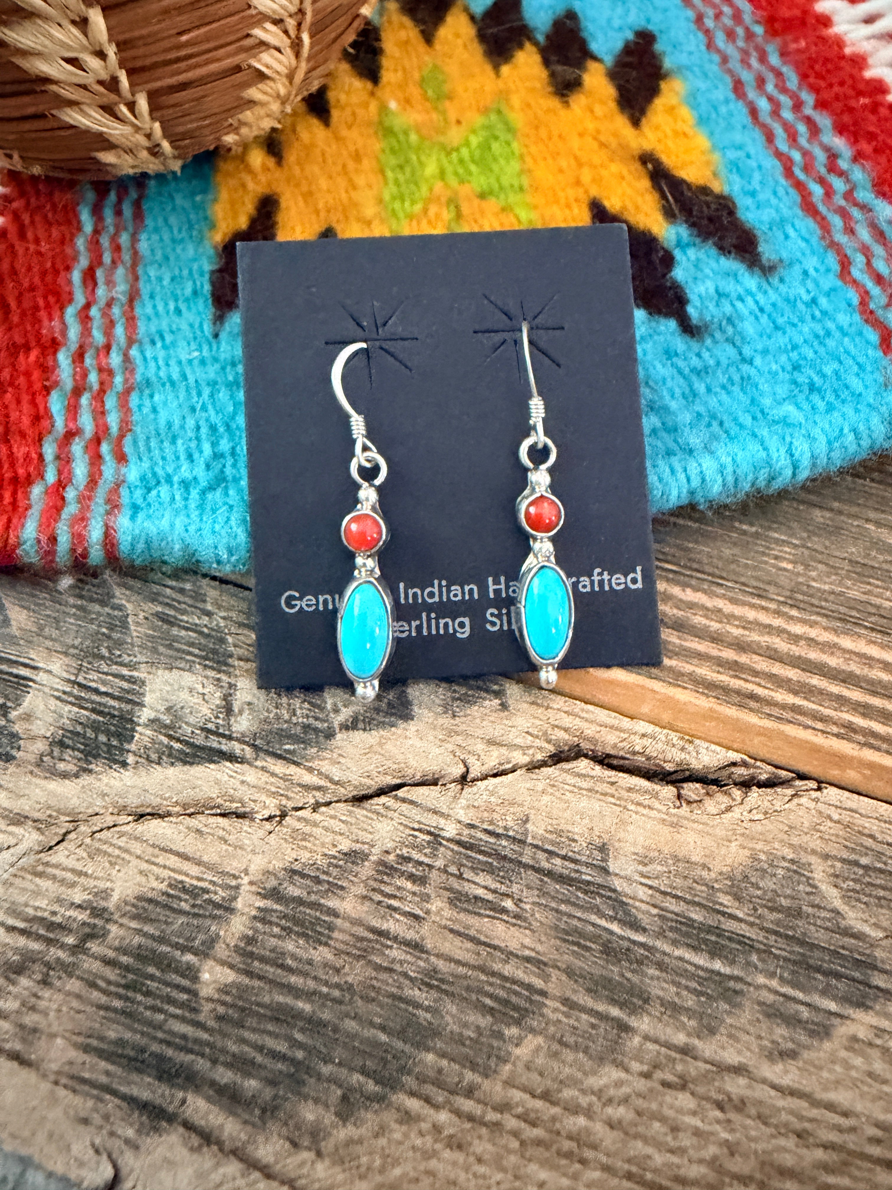 Handcrafted Turquoise, Coral & Sterling Silver Dangle Earrings