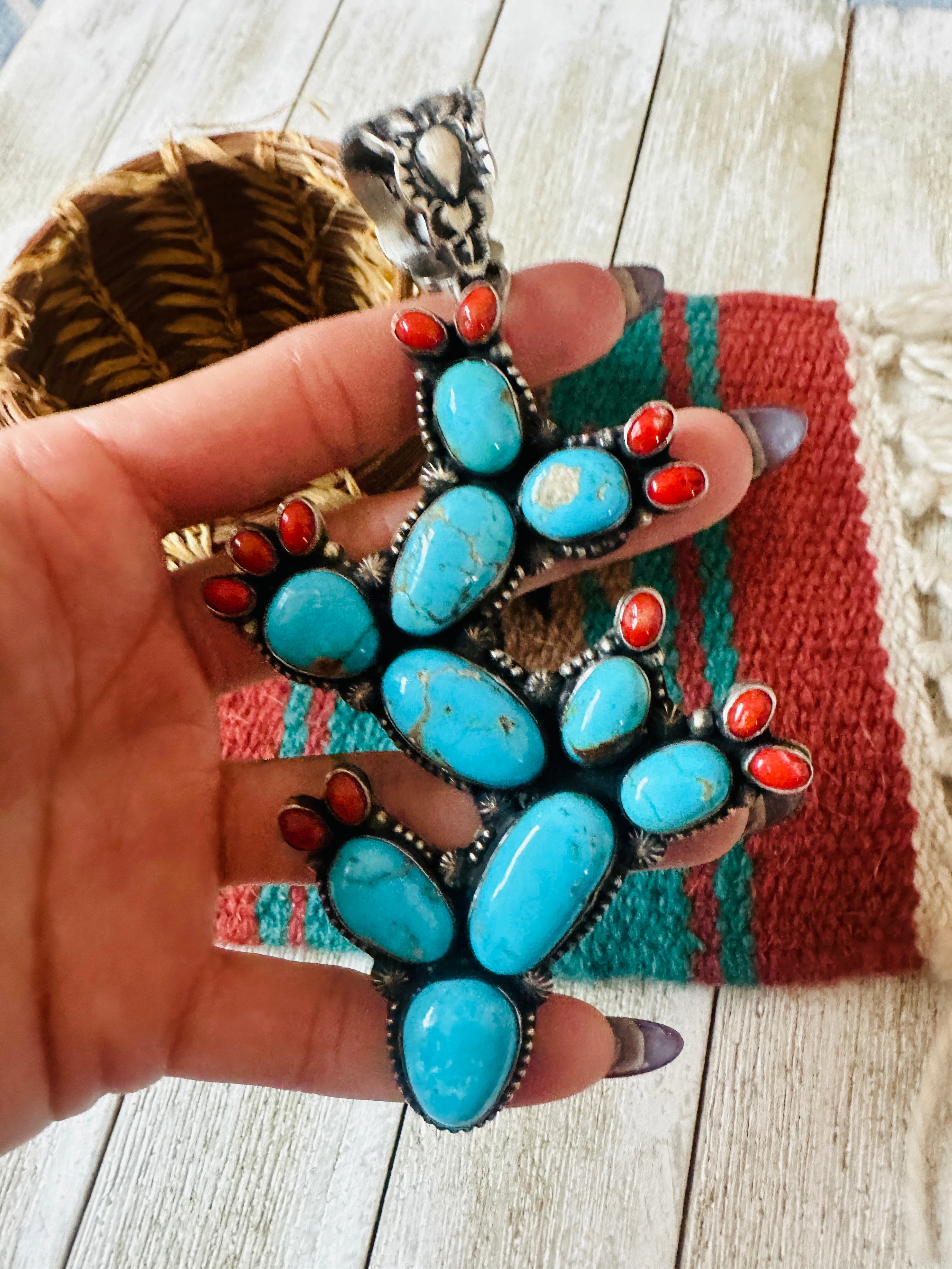 Handcrafted Sterling Silver, Turquoise & Coral Cactus Pendant by Shawn Cayatineto