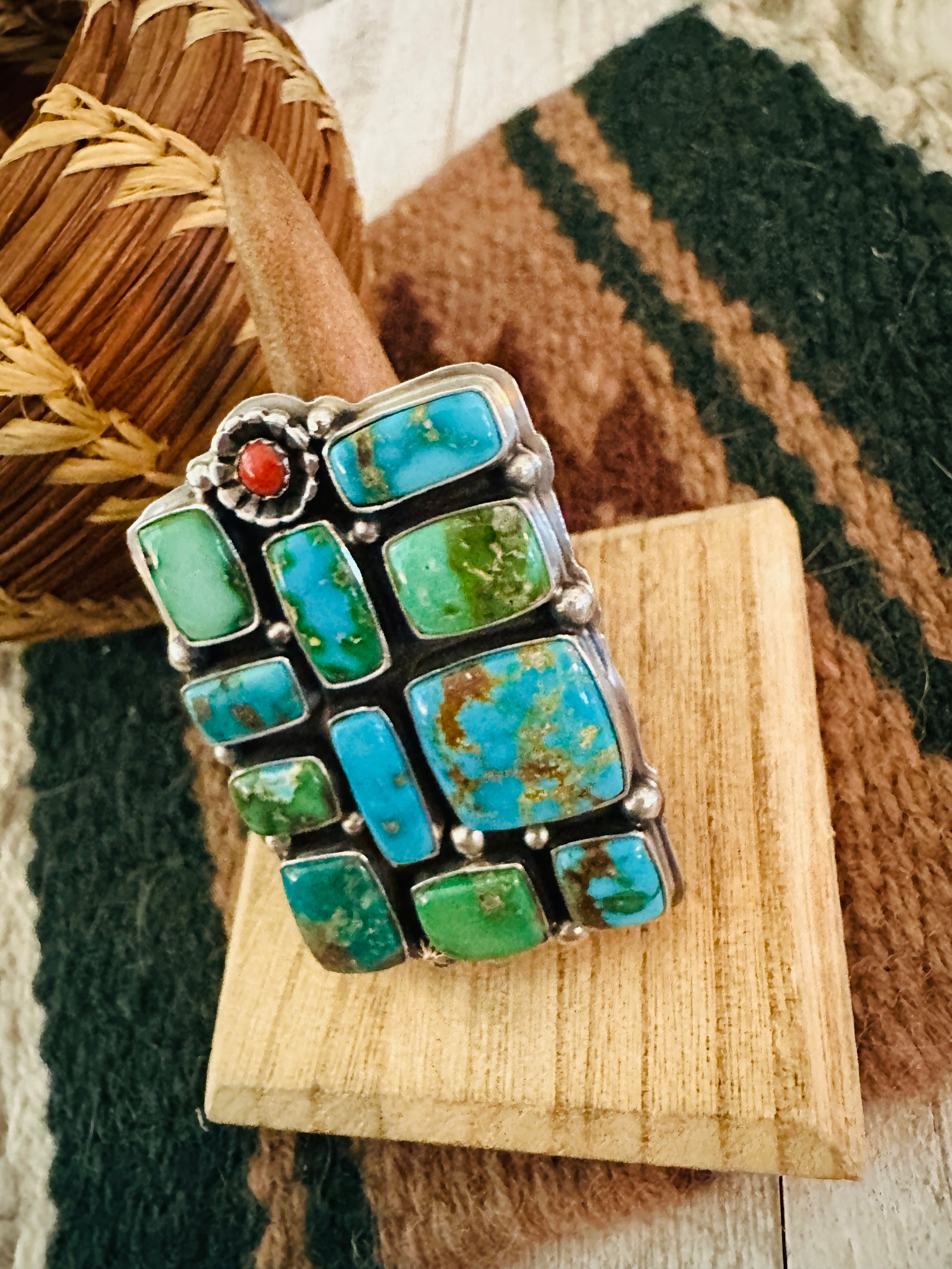 Navajo Sonoran Mountain Turquoise, Coral & Sterling Silver Adjustable Cluster Ring