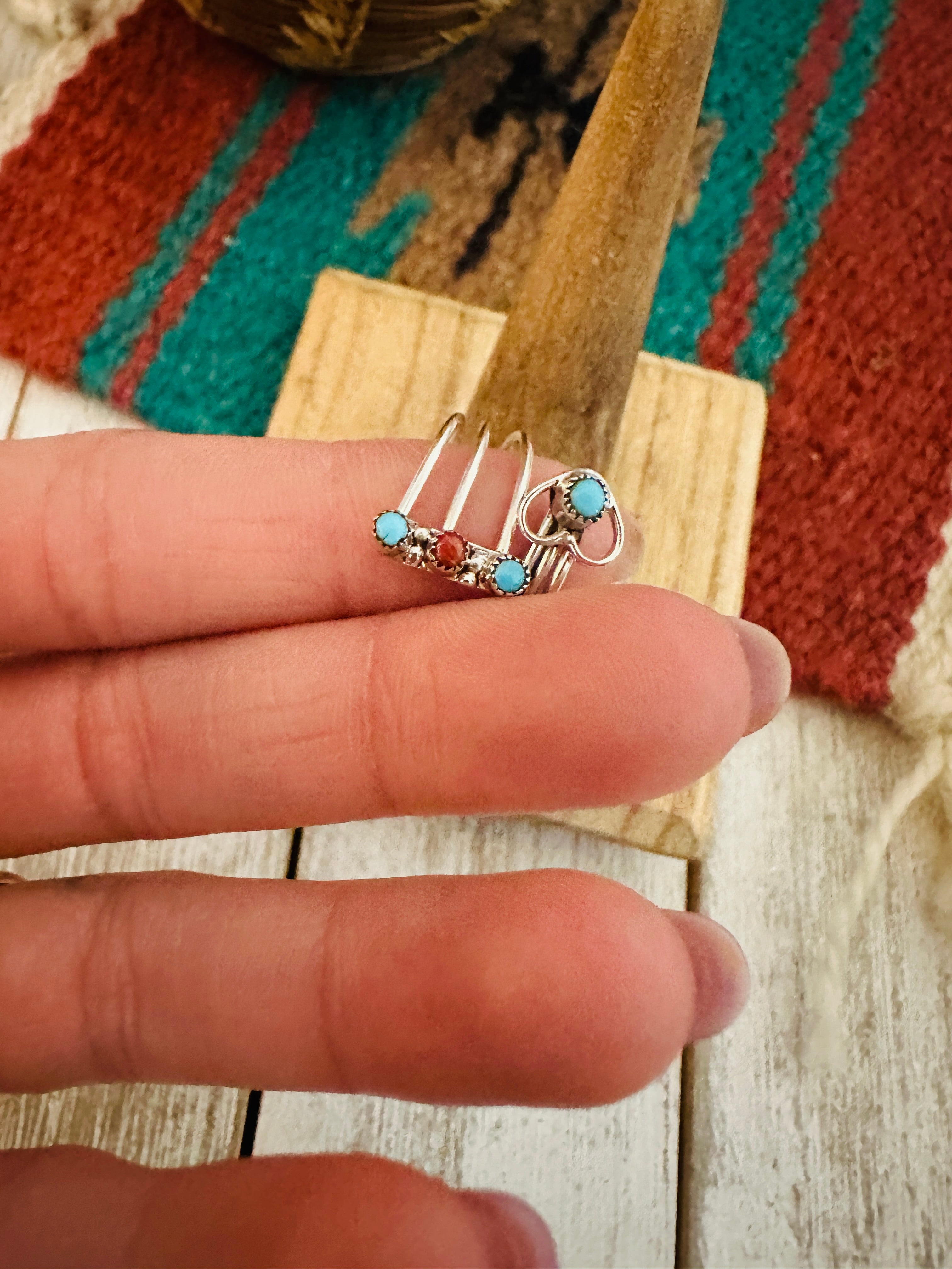 Zuni Turquoise, Coral & Sterling Silver Heart Adjustable Ring