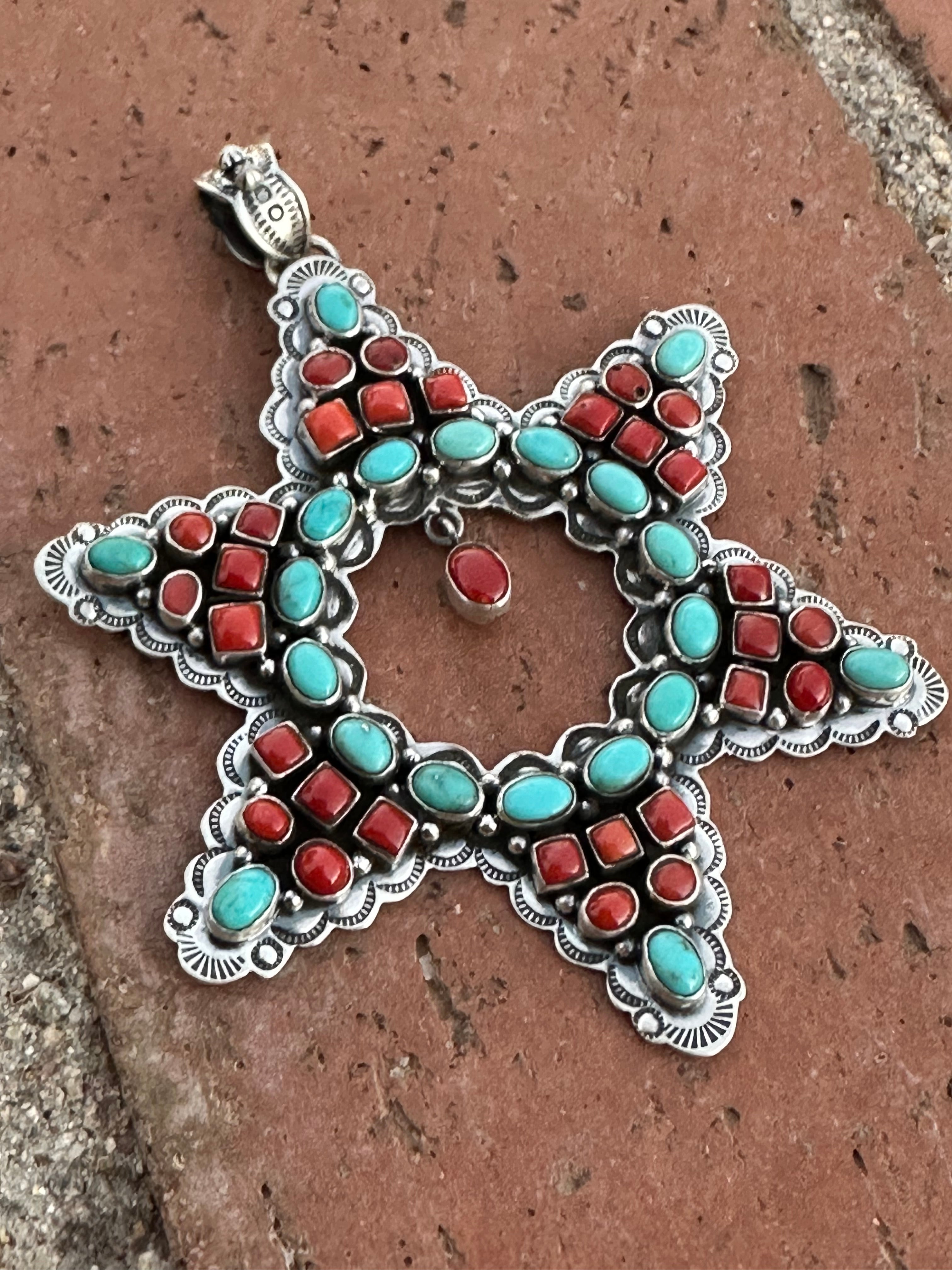 Handmade Sterling Silver, Turquoise & Coral Christmas Star Pendant