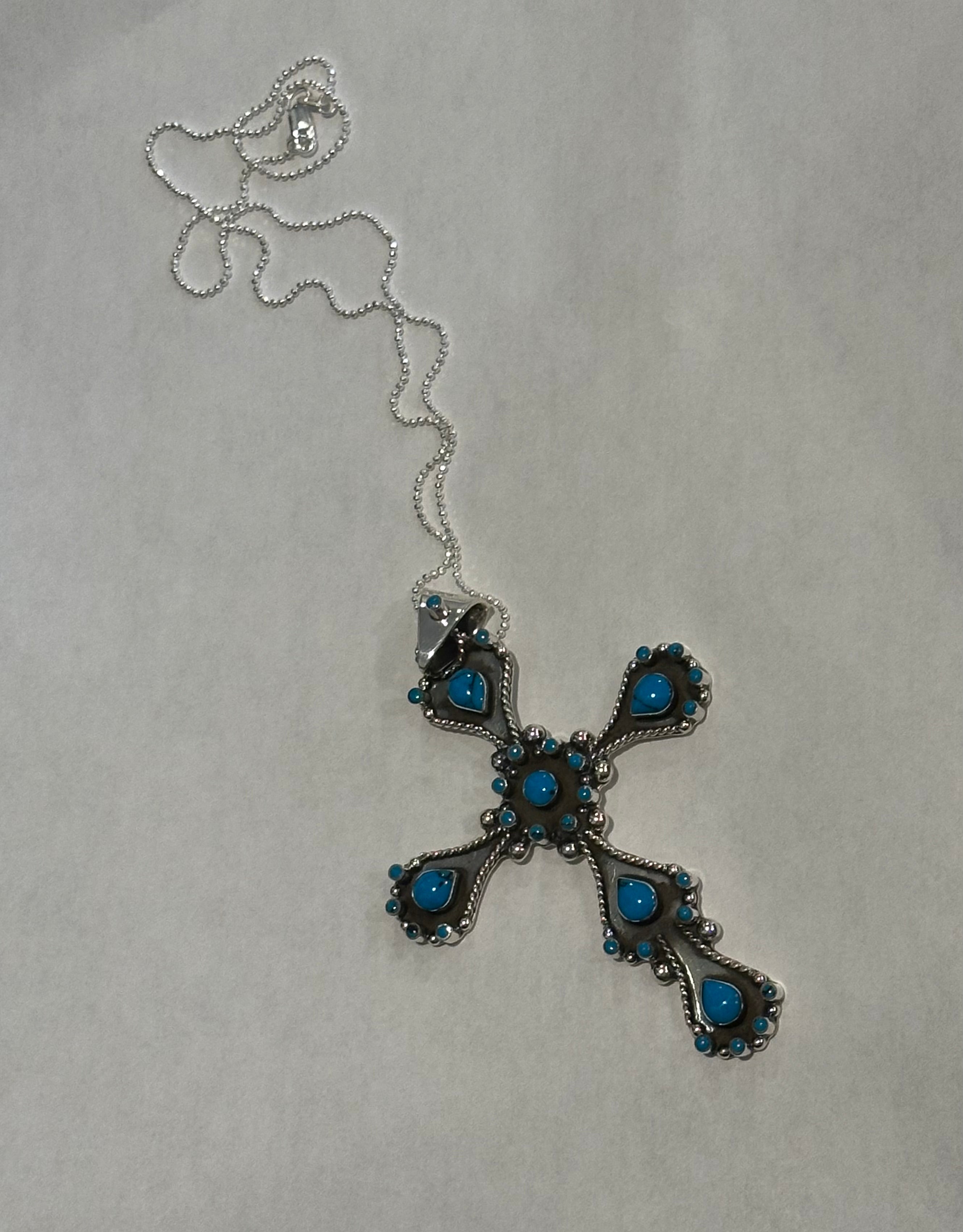 Oxidized Cross w/ dark turquoise Sterling Silver Necklace