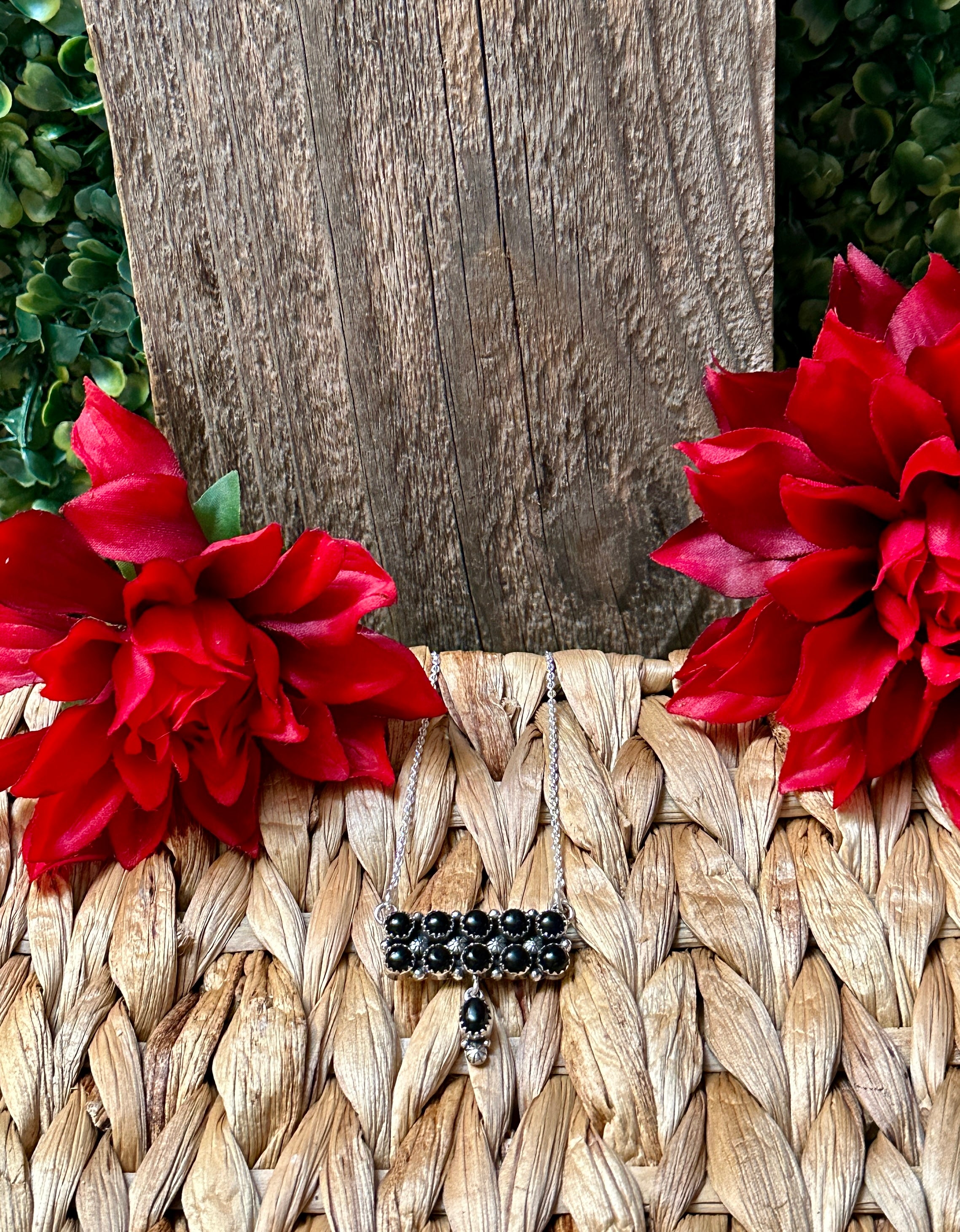 Handmade Sterling Silver & Black Onyx Tear Drop Dangle, Bar Necklace