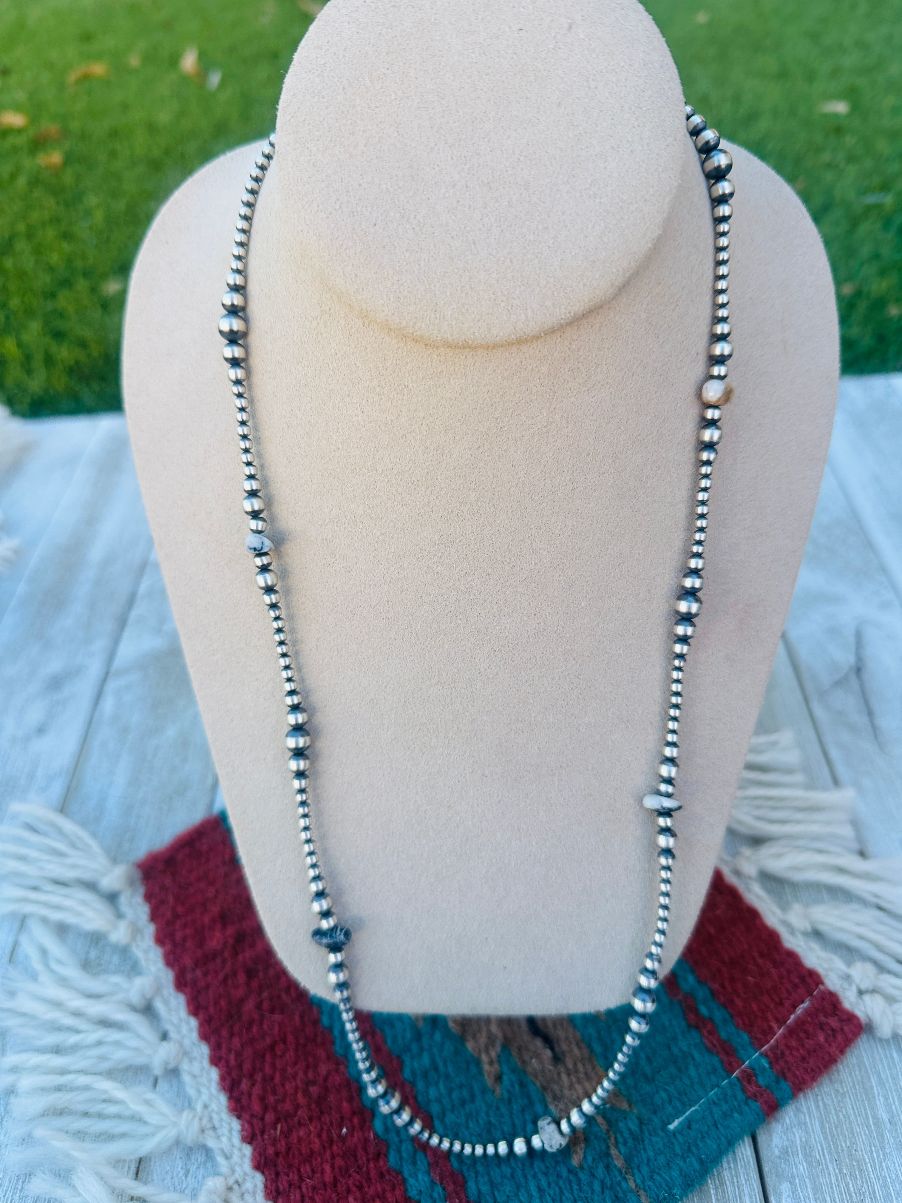 Handcrafted White Buffalo & Sterling Silver Pearl Style 24” Beaded Necklace