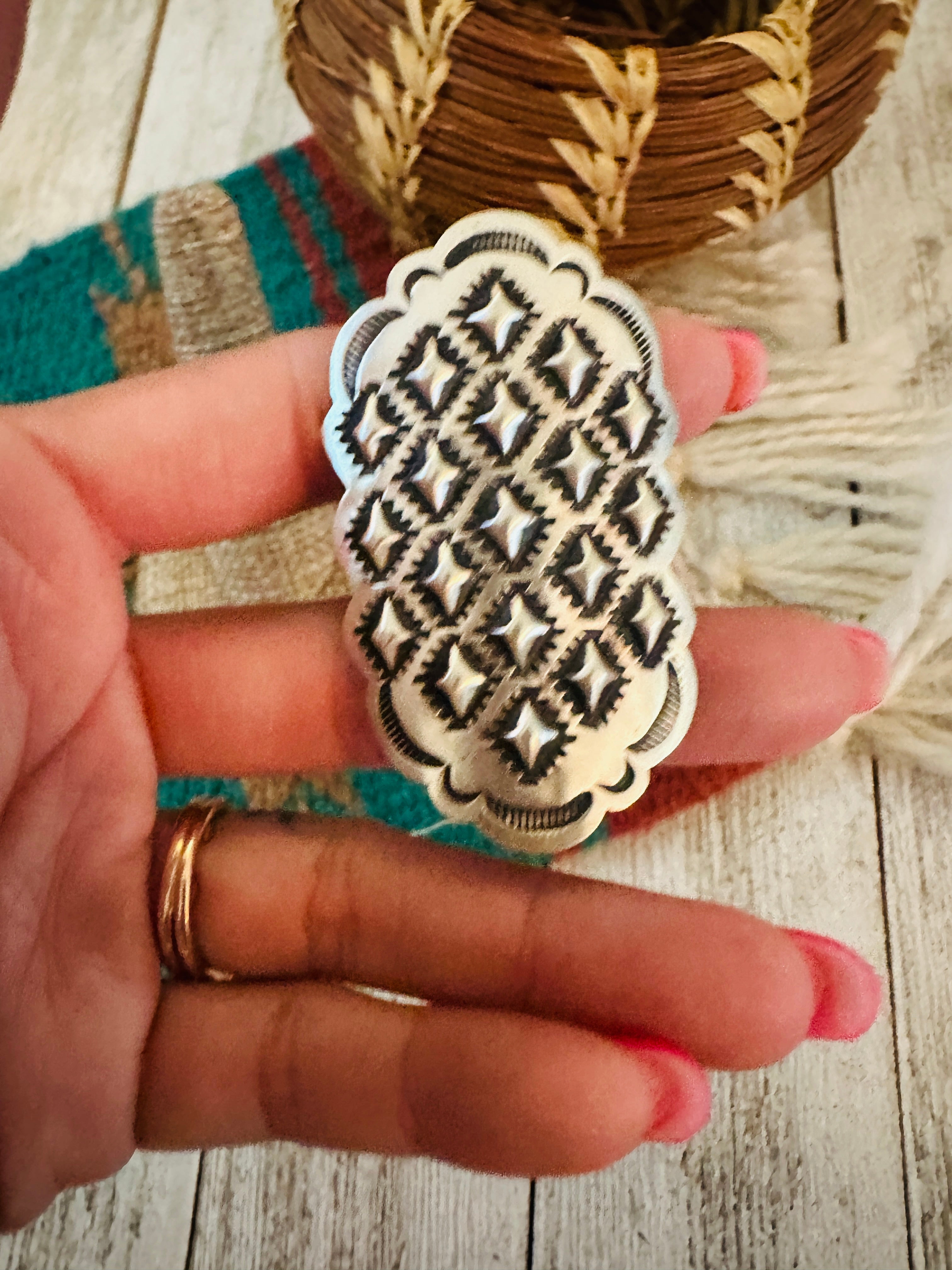 Handcrafted Sterling Silver Adjustable Concho Ring by Leander Tahe