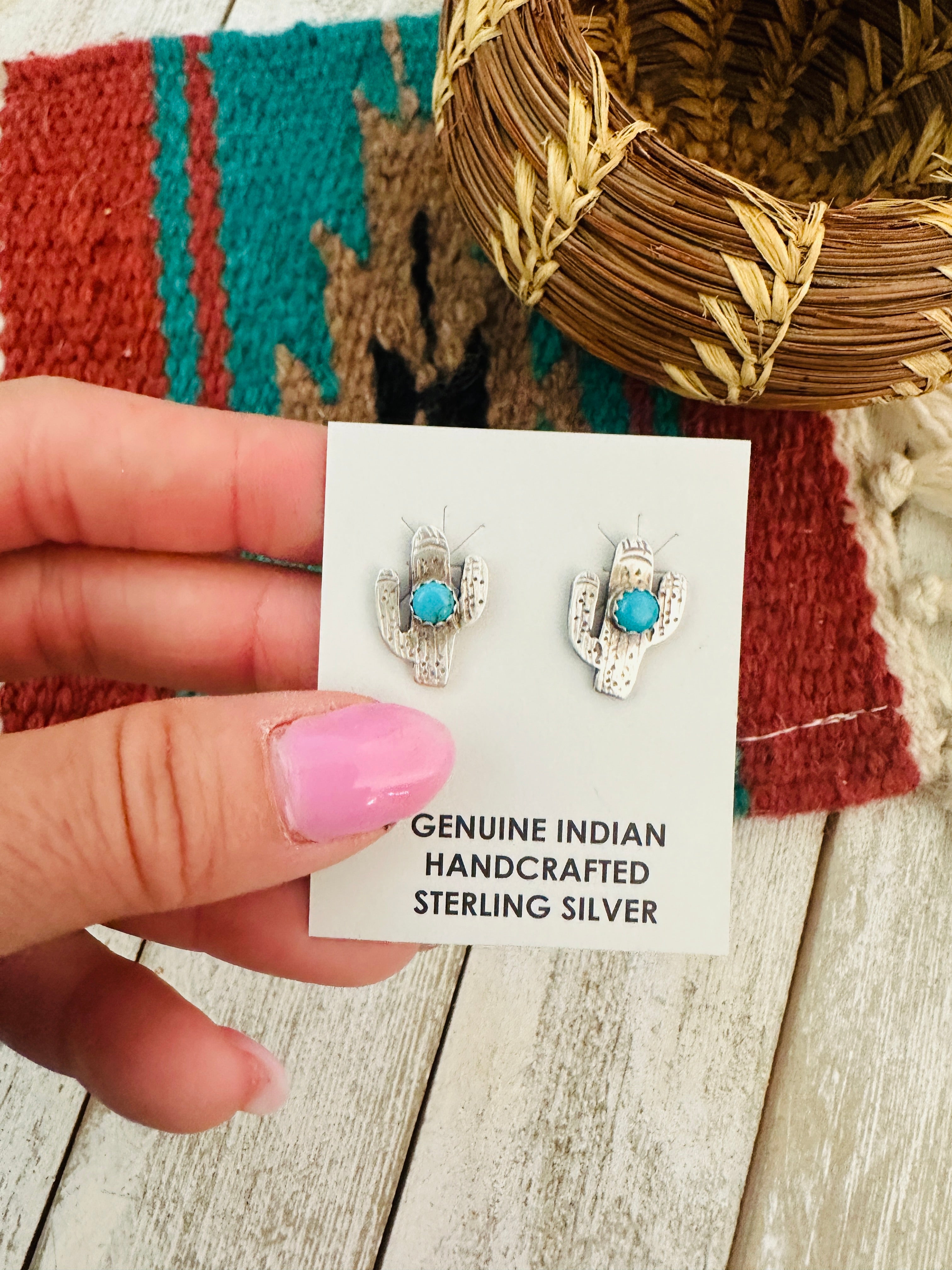 Navajo Sterling Silver & Turquoise Cactus Stud Earrings