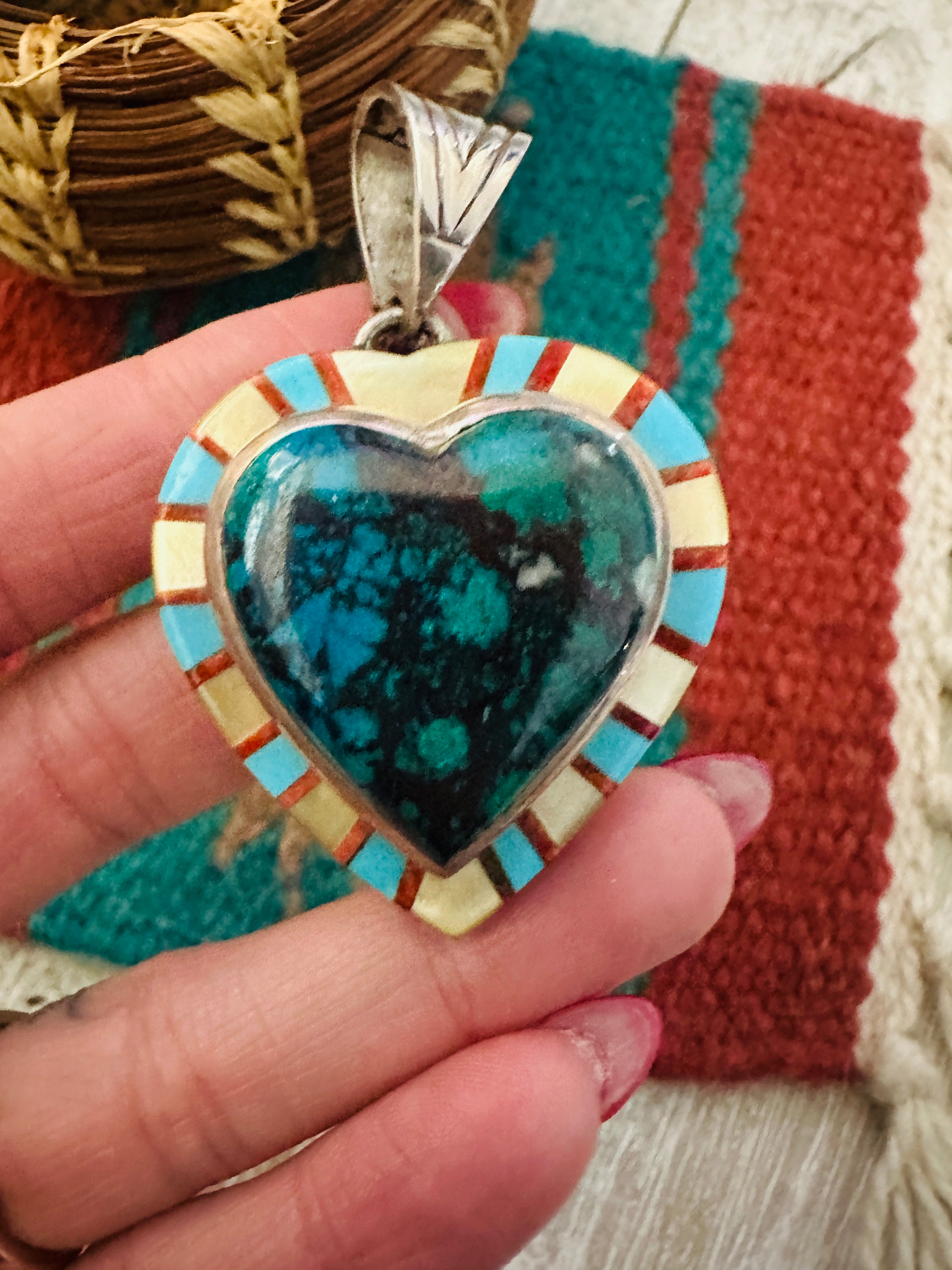 Old Pawn Handcrafted Multi Stone and Sterling Silver Inlay Heart Pendant