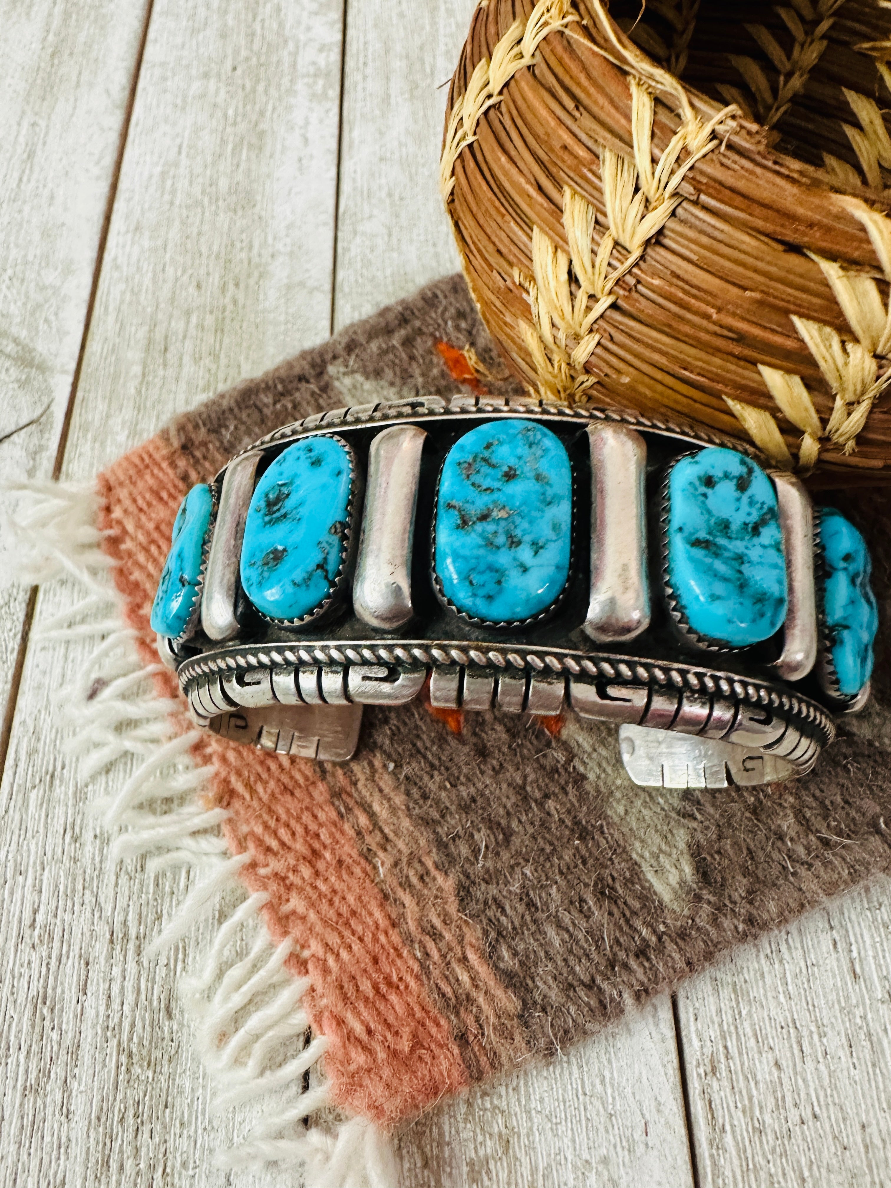 Handcrafted Old Pawn Kingman Turquoise Cluster & Sterling Silver Cuff Bracelet by Richard Hoskie /