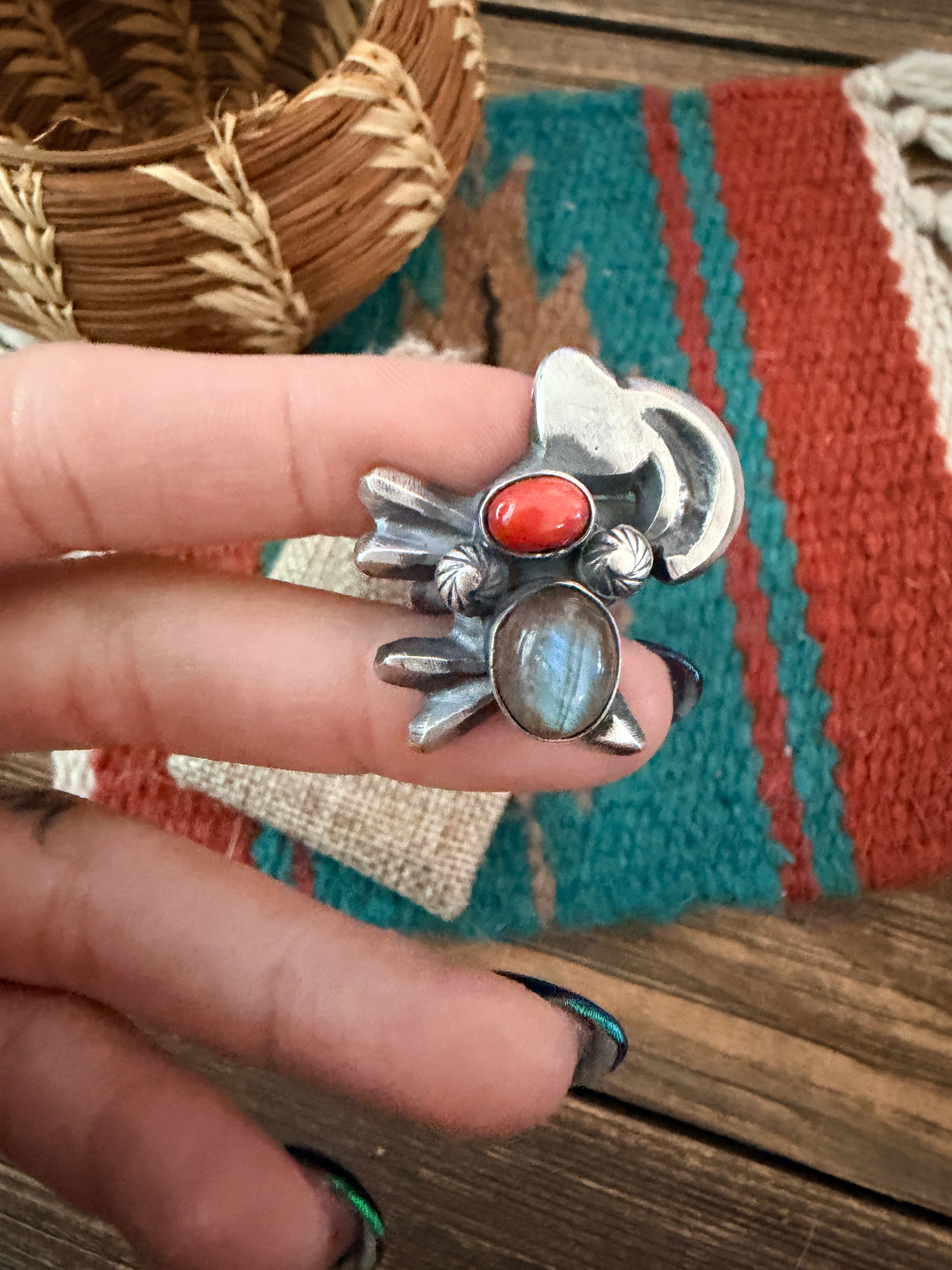 Handcrafted Coral, Moonstone and Sterling Silver Goat Ring size 6 by Chimney Butte