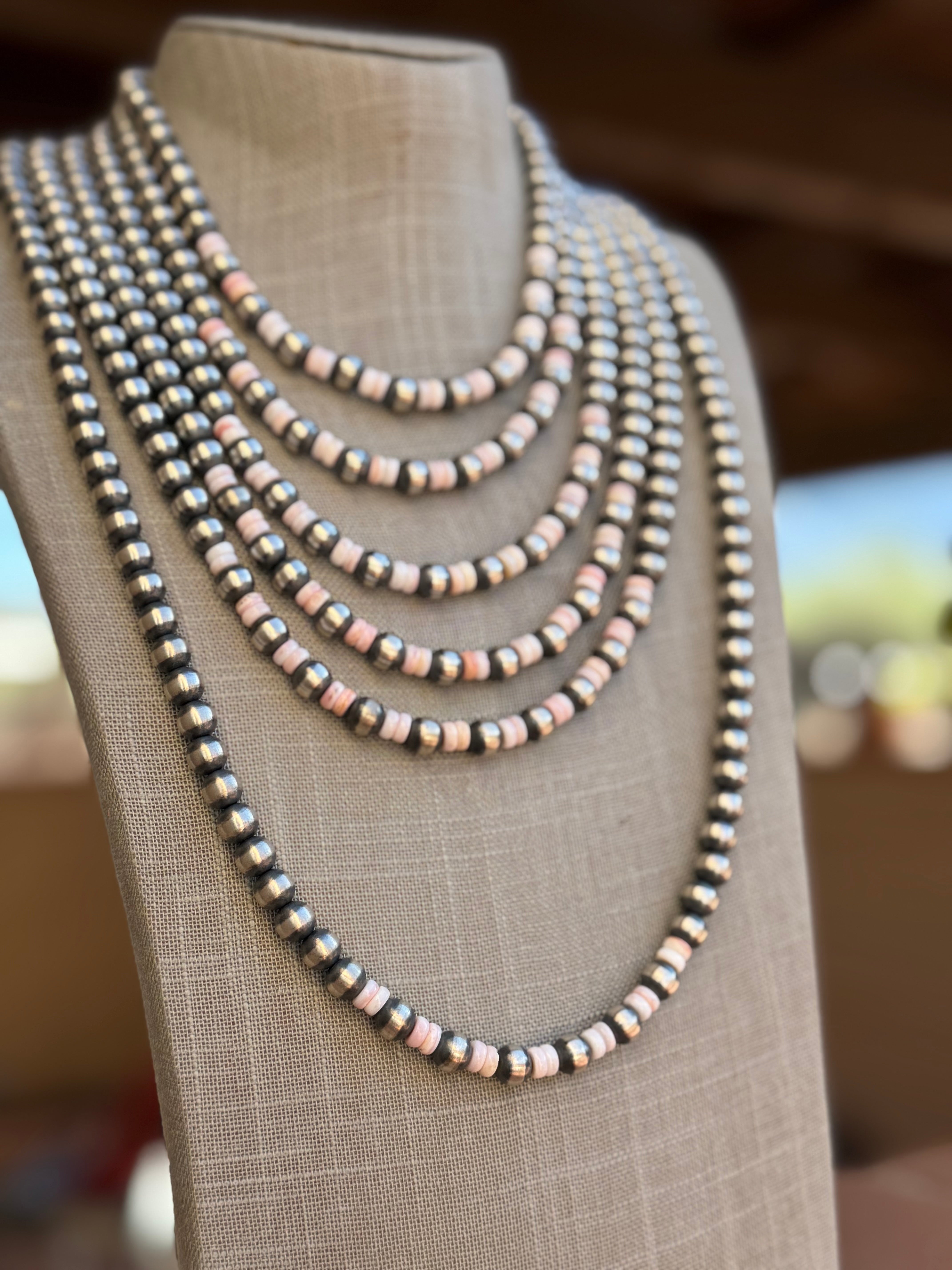 Handcrafted  Sterling Silver Pearl & Queen Pink Conch Beaded Necklace 8mm